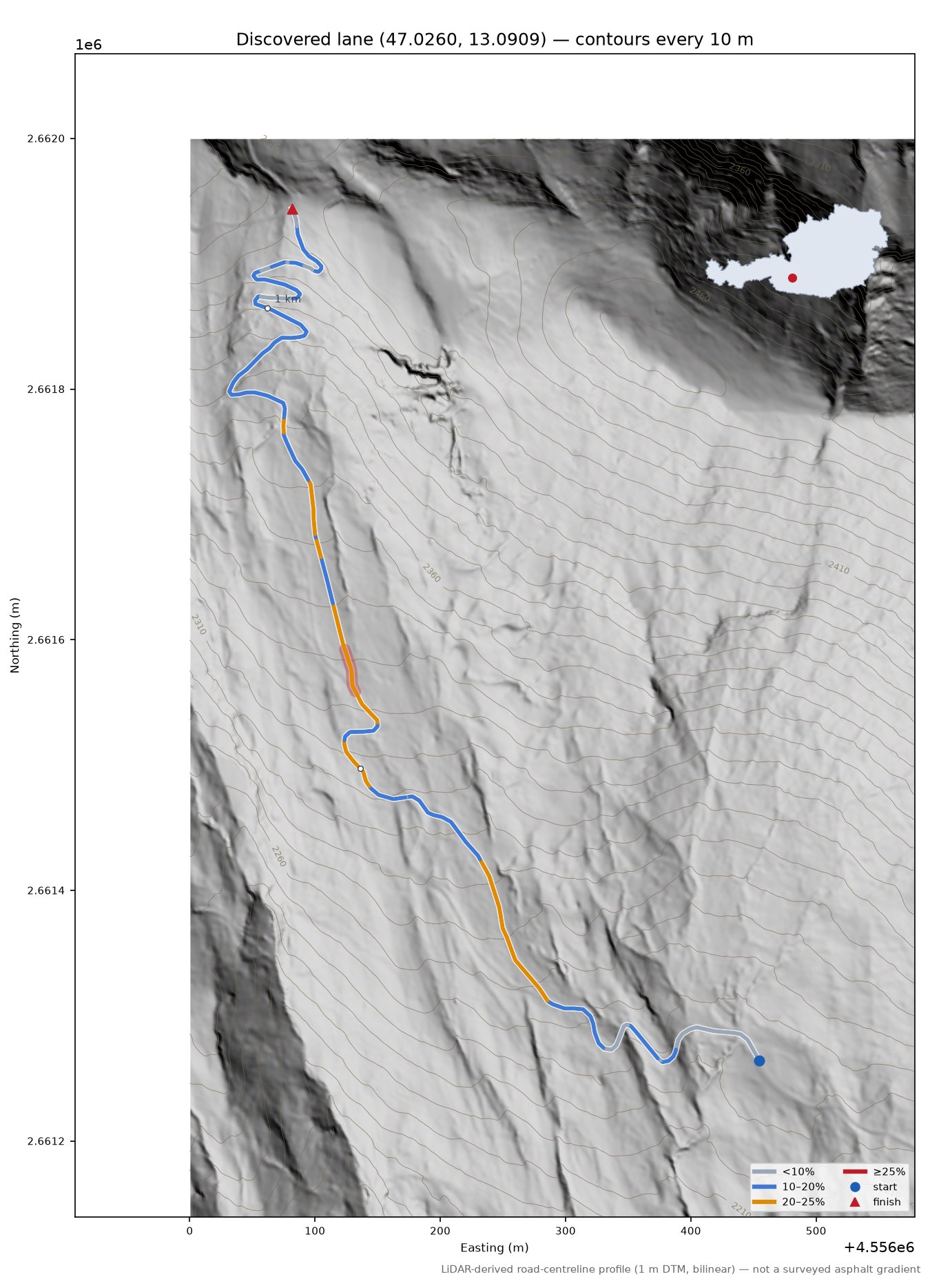Discovered lane (47.0260, 13.0909) LiDAR hillshade map with contours