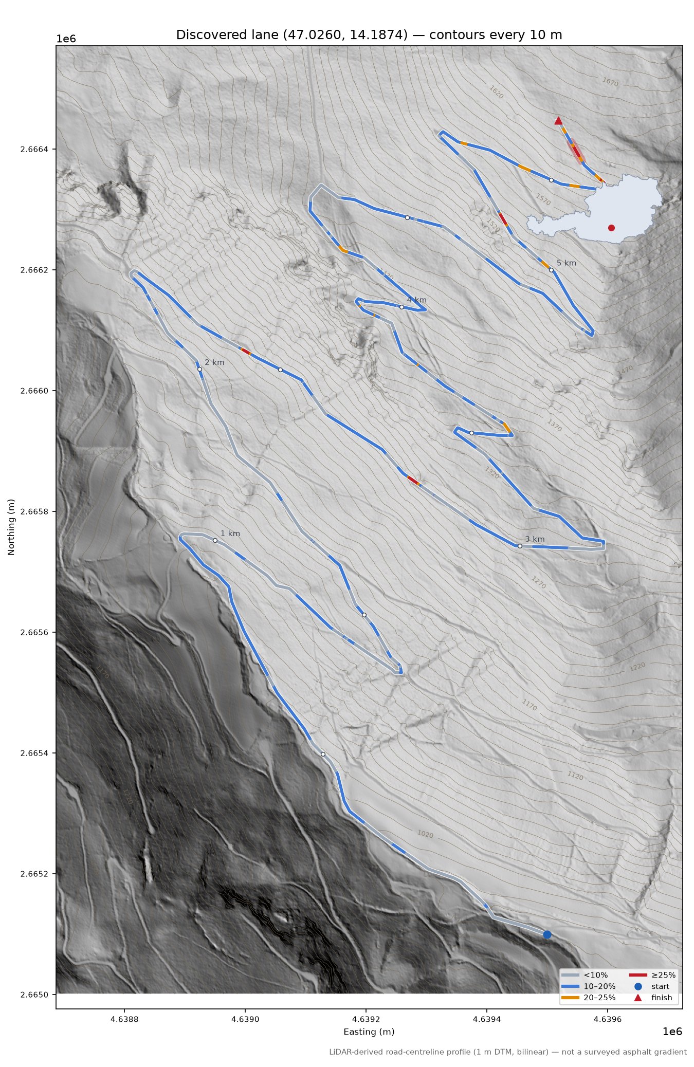 Discovered lane (47.0260, 14.1874) LiDAR hillshade map with contours