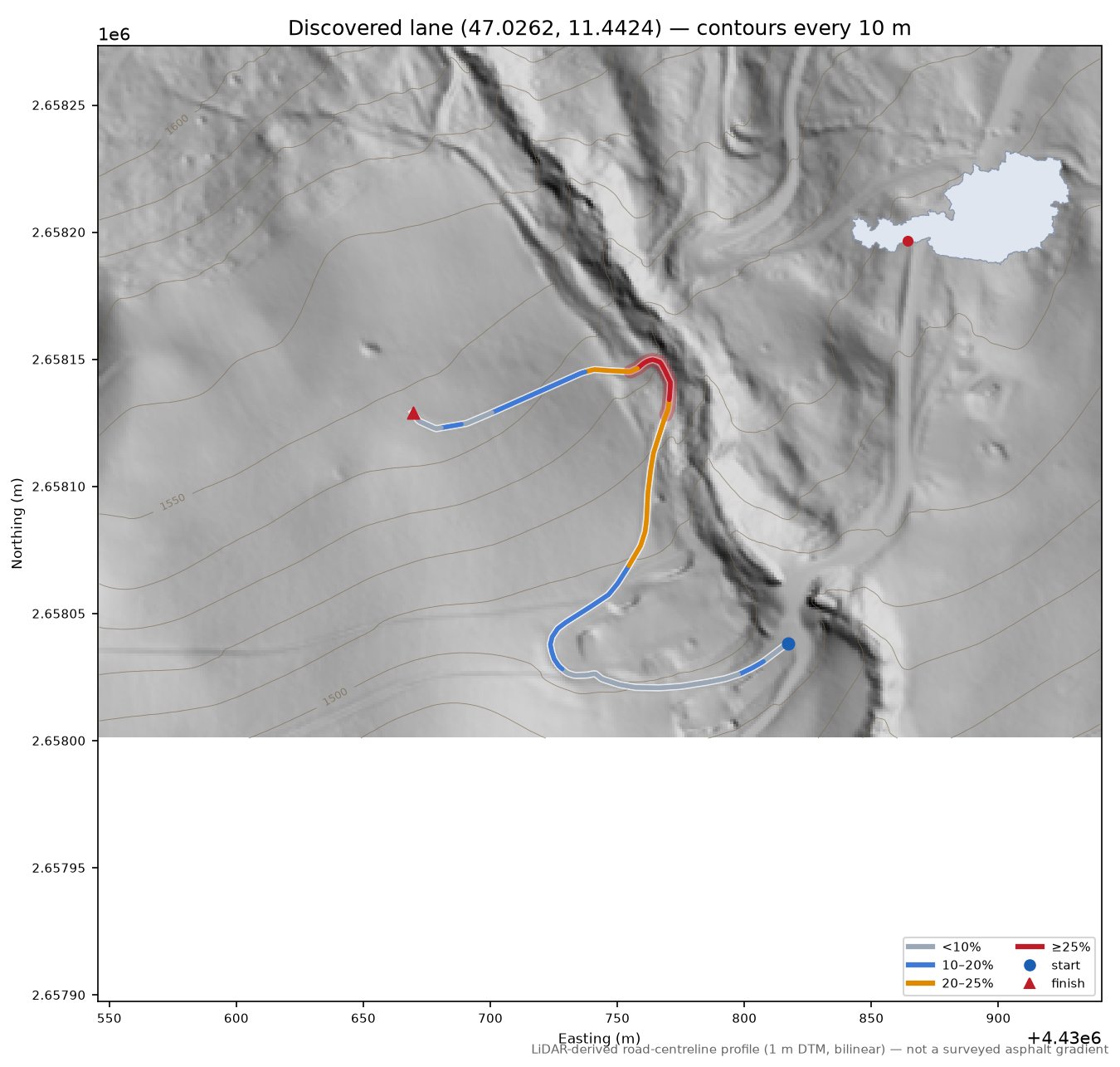 Discovered lane (47.0262, 11.4424) LiDAR hillshade map with contours