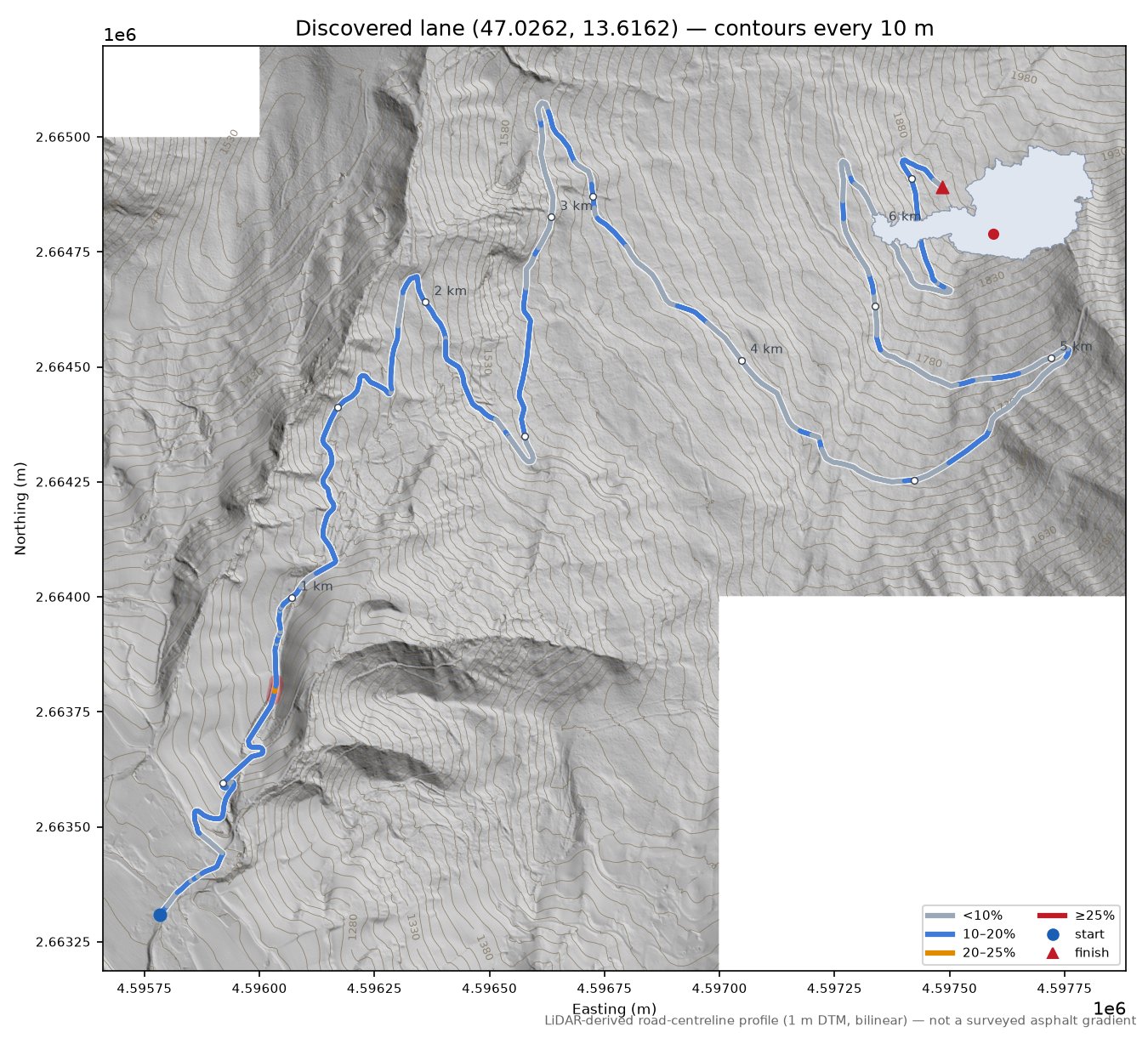 Discovered lane (47.0262, 13.6162) LiDAR hillshade map with contours