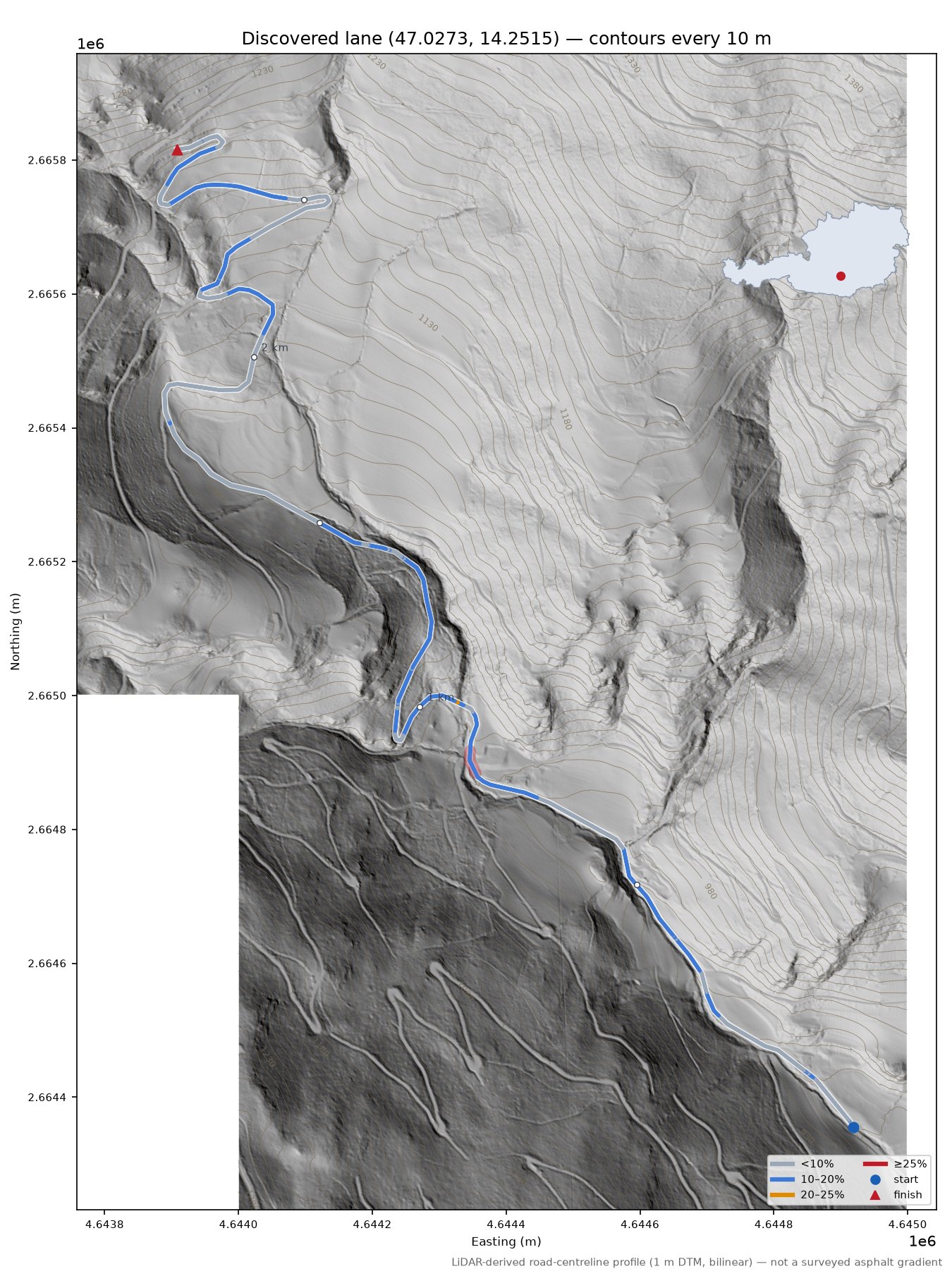 Discovered lane (47.0273, 14.2515) LiDAR hillshade map with contours