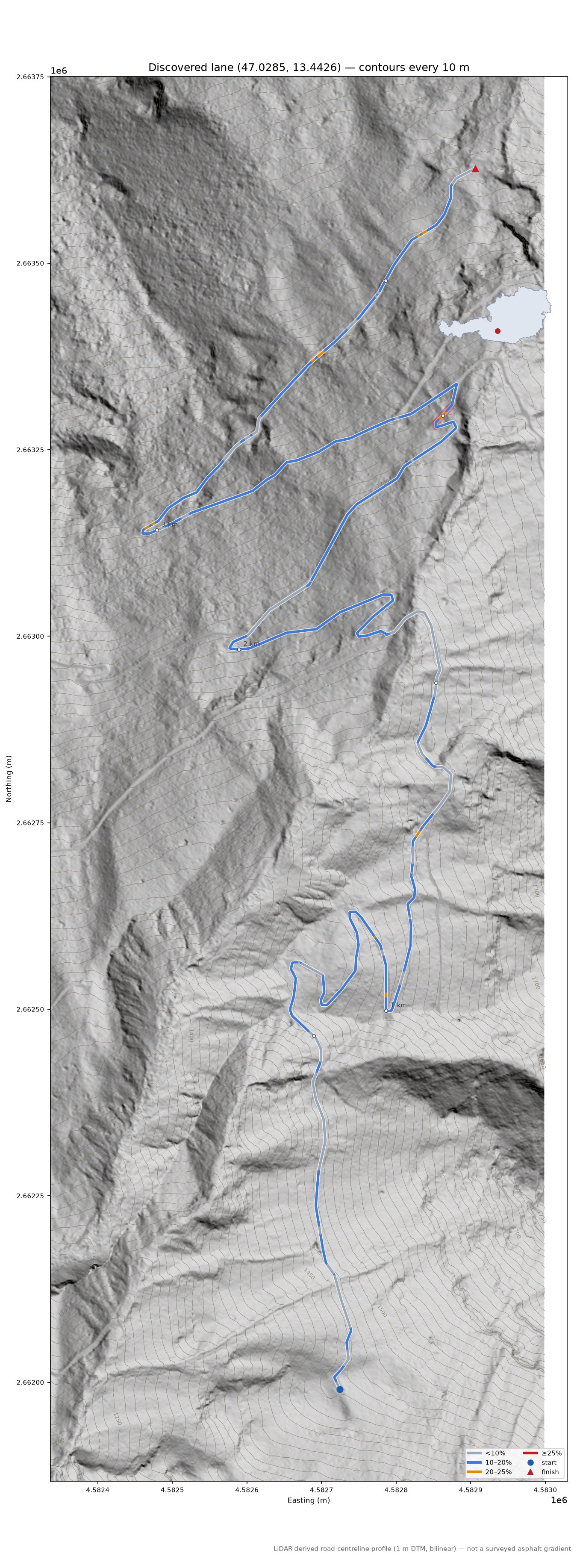 Discovered lane (47.0285, 13.4426) LiDAR hillshade map with contours