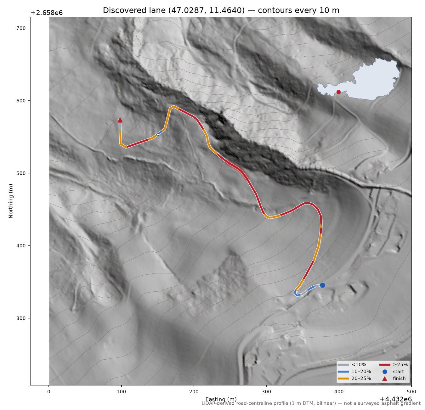 Discovered lane (47.0287, 11.4640) LiDAR hillshade map with contours