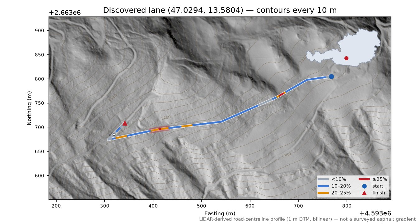 Discovered lane (47.0294, 13.5804) LiDAR hillshade map with contours