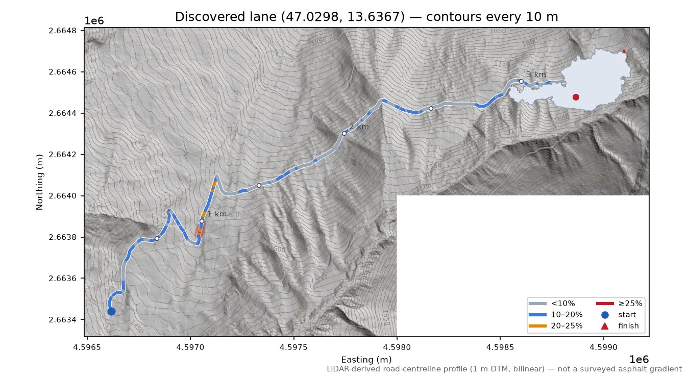Discovered lane (47.0298, 13.6367) LiDAR hillshade map with contours