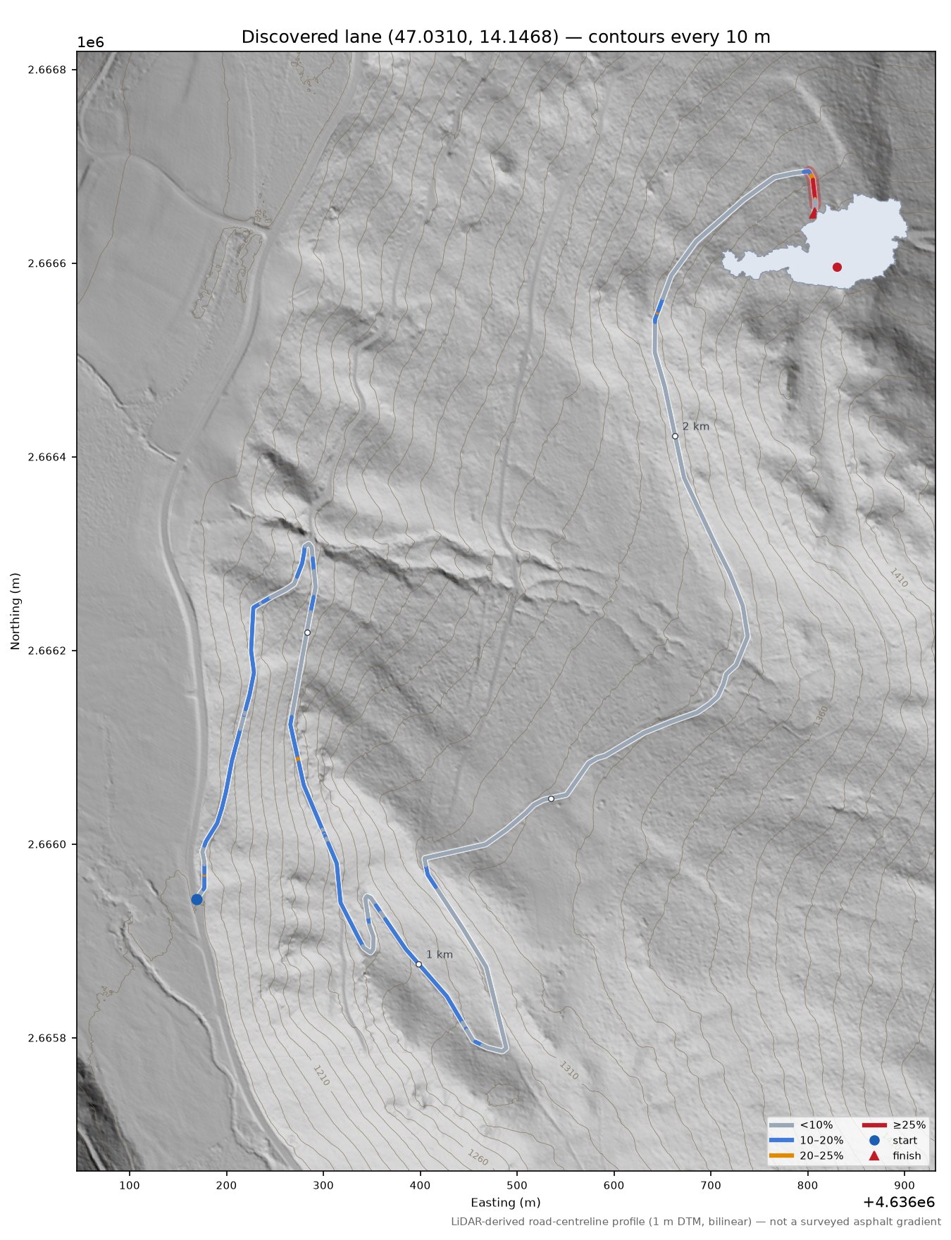 Discovered lane (47.0310, 14.1468) LiDAR hillshade map with contours