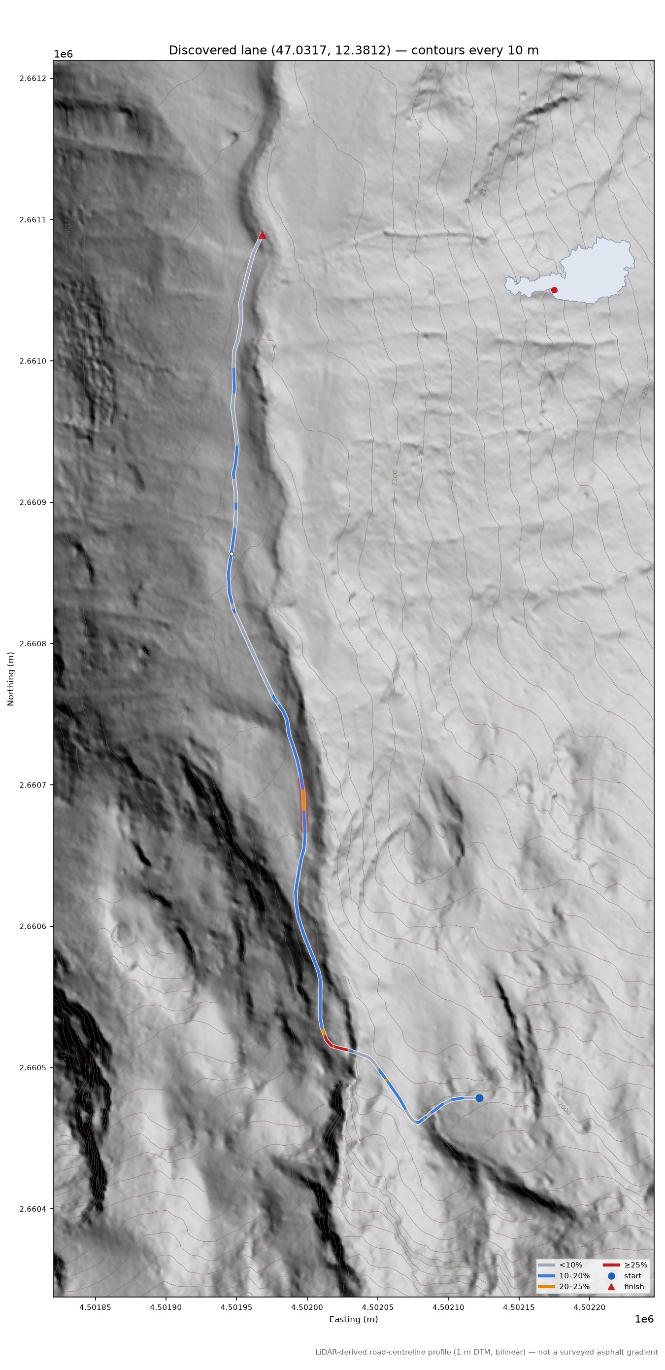 Discovered lane (47.0317, 12.3812) LiDAR hillshade map with contours
