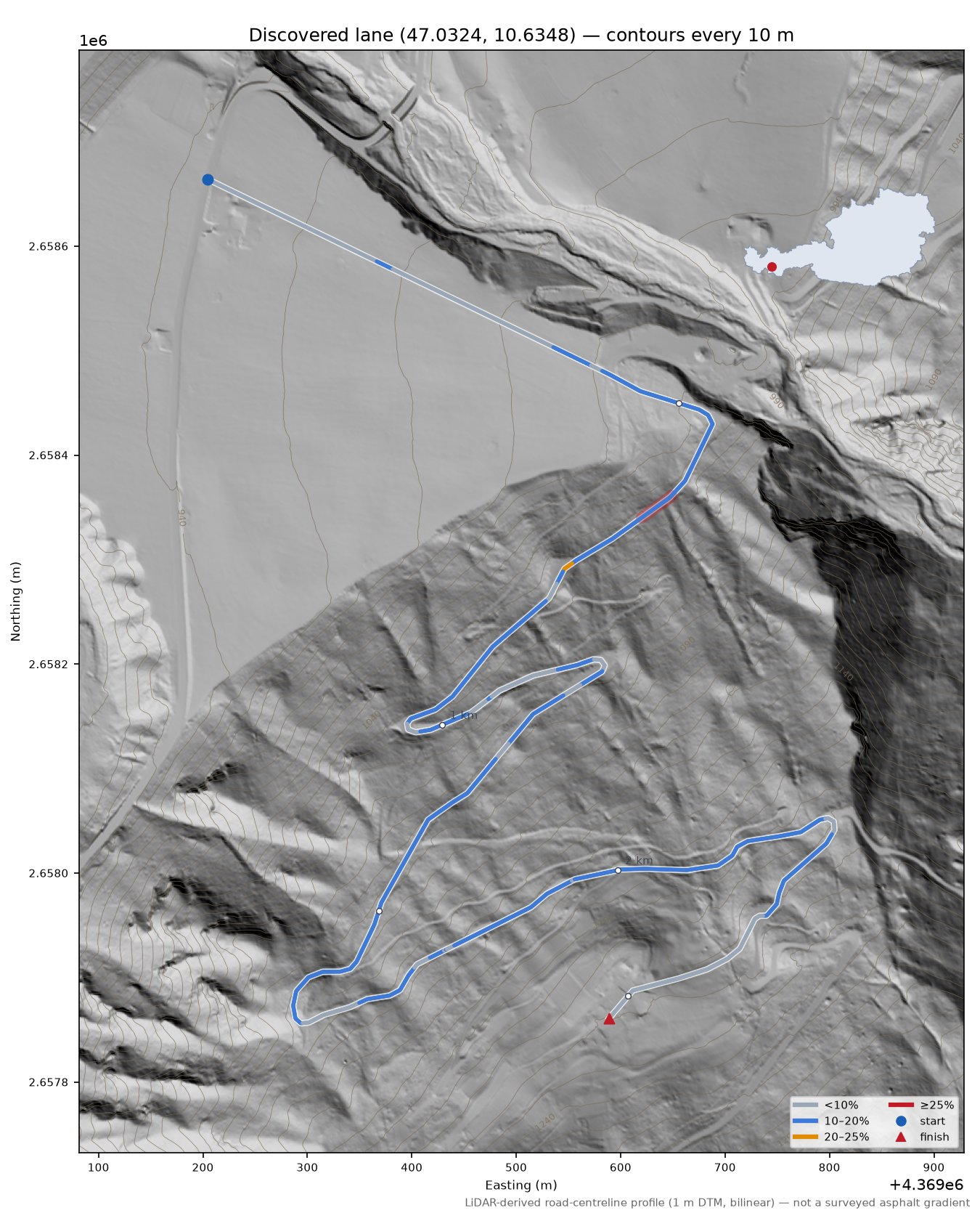 Discovered lane (47.0324, 10.6348) LiDAR hillshade map with contours