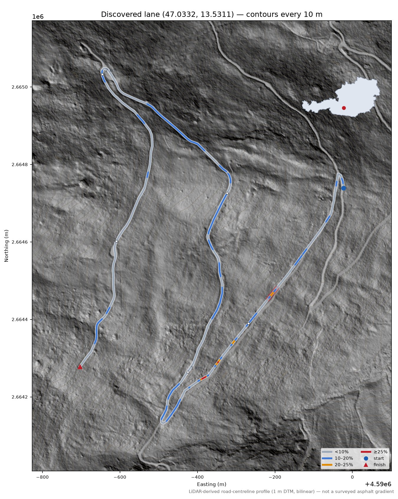 Discovered lane (47.0332, 13.5311) LiDAR hillshade map with contours