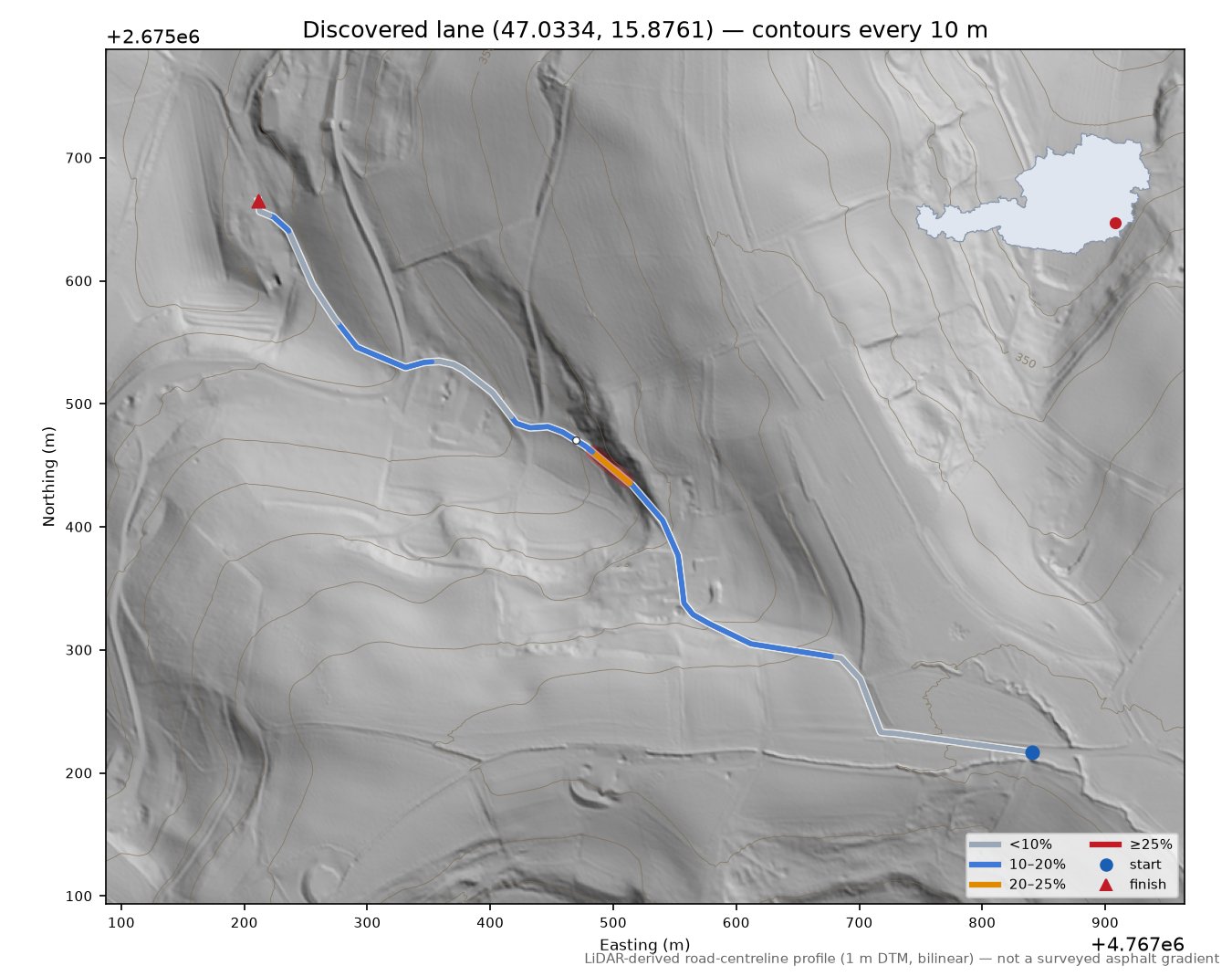 Discovered lane (47.0334, 15.8761) LiDAR hillshade map with contours