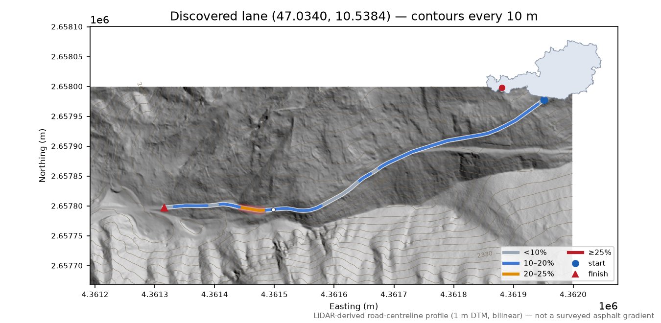 Discovered lane (47.0340, 10.5384) LiDAR hillshade map with contours