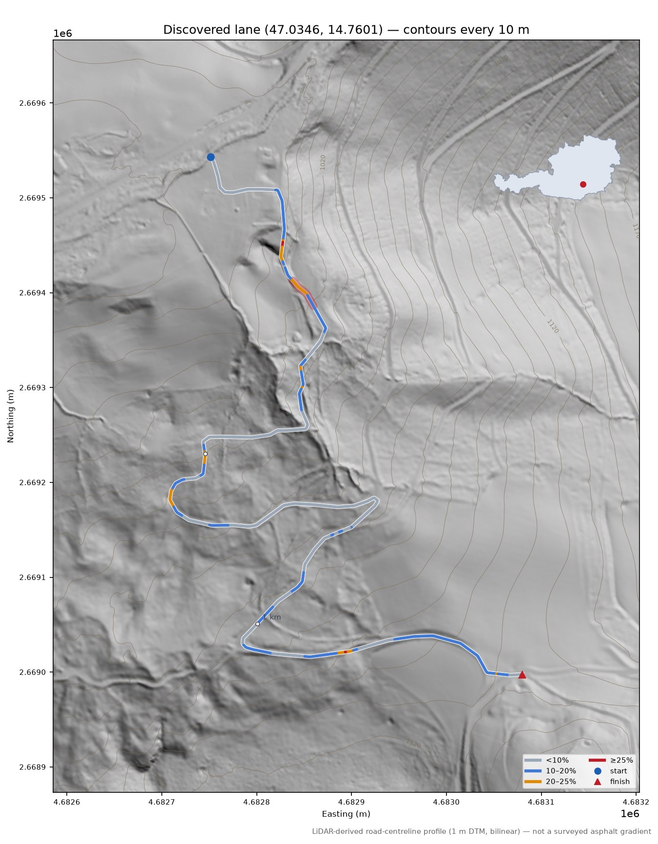 Discovered lane (47.0346, 14.7601) LiDAR hillshade map with contours