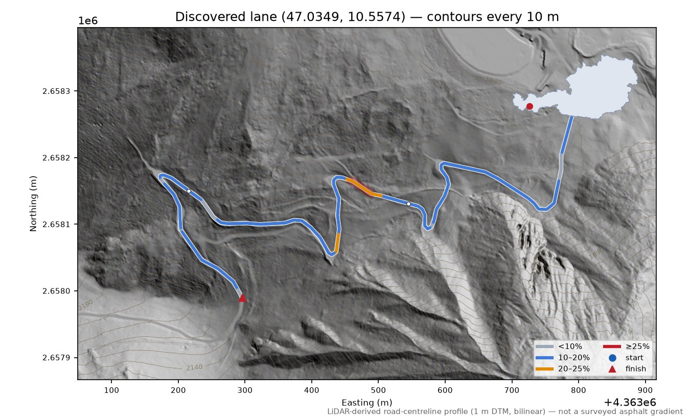 Discovered lane (47.0349, 10.5574) LiDAR hillshade map with contours