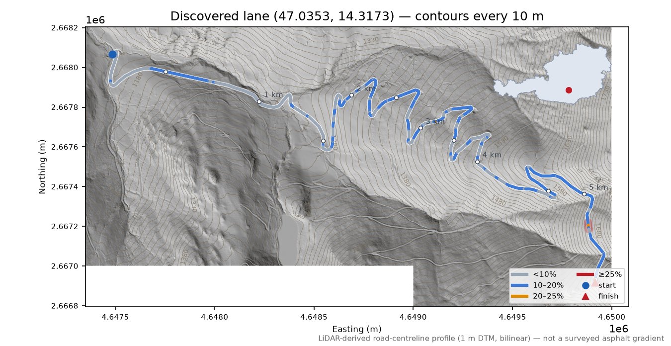 Discovered lane (47.0353, 14.3173) LiDAR hillshade map with contours
