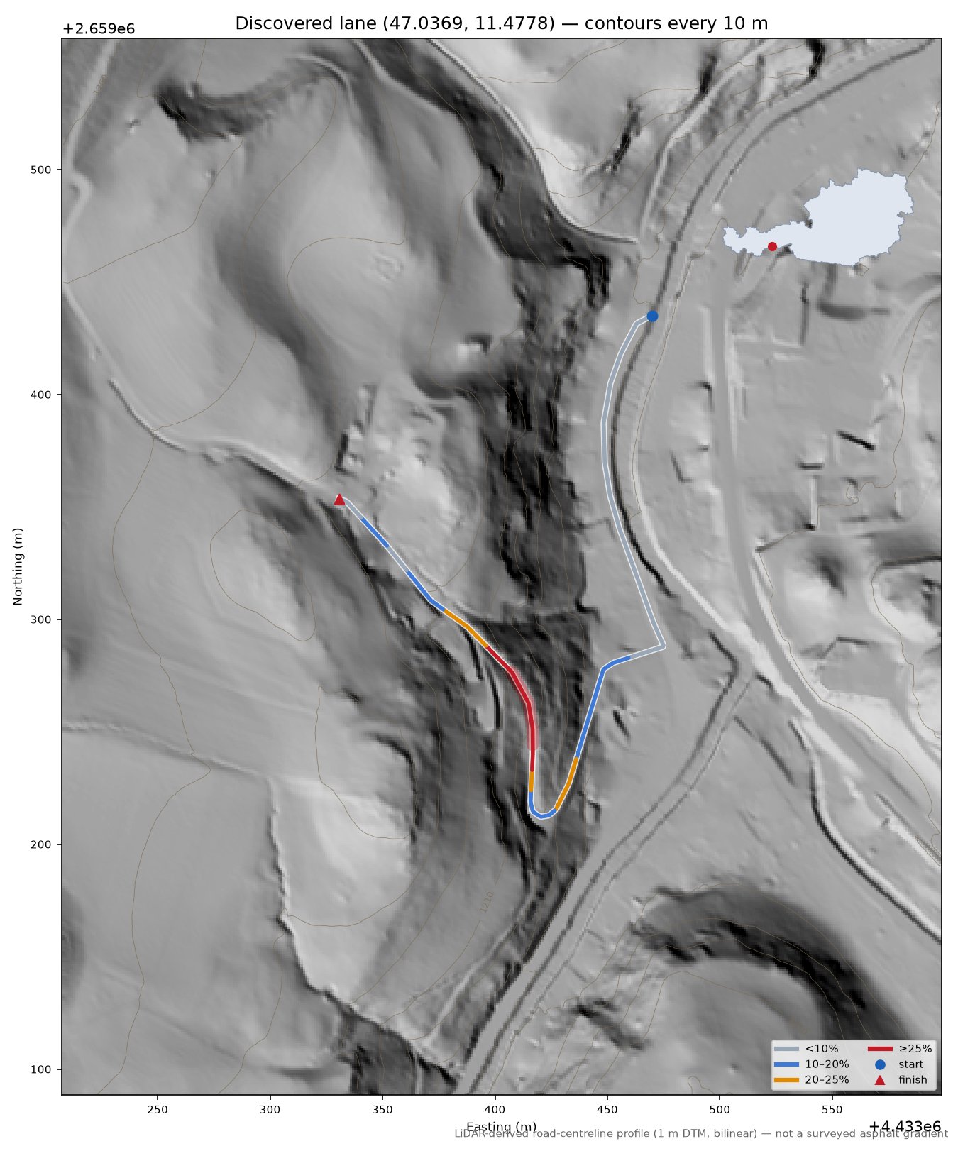 Discovered lane (47.0369, 11.4778) LiDAR hillshade map with contours