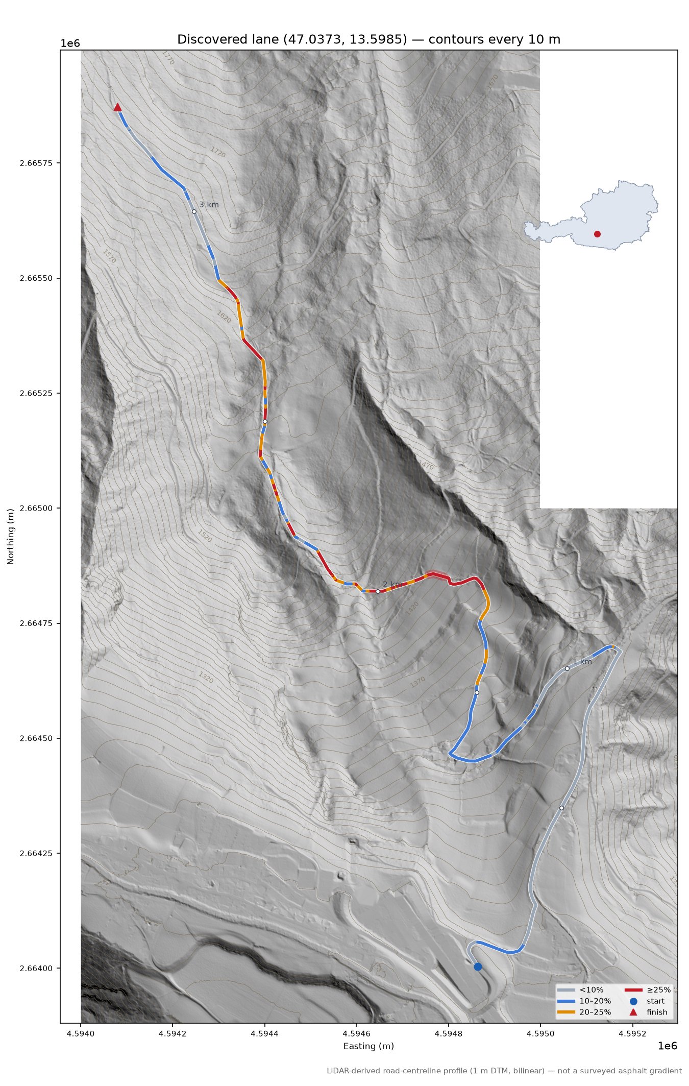 Discovered lane (47.0373, 13.5985) LiDAR hillshade map with contours