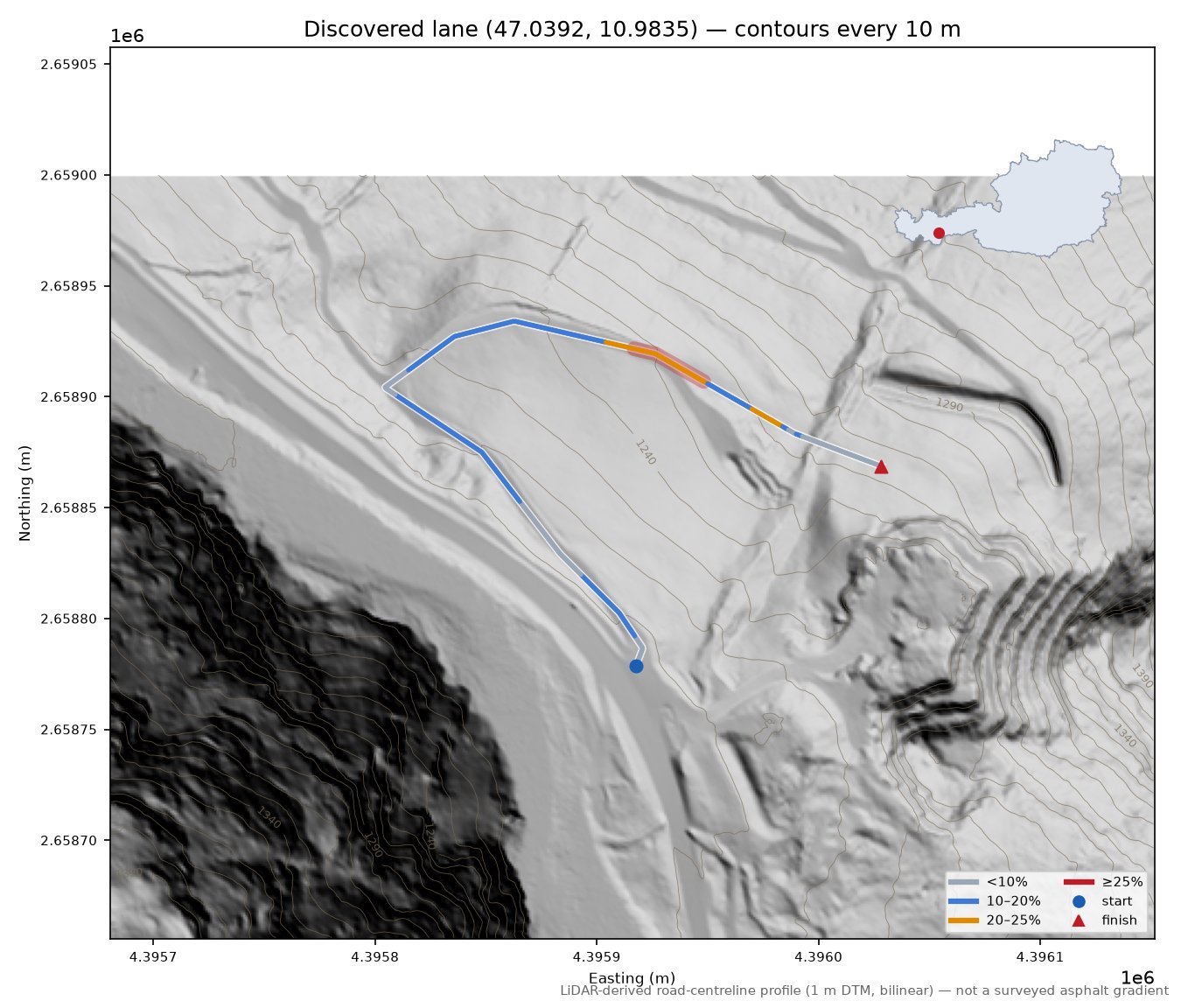 Discovered lane (47.0392, 10.9835) LiDAR hillshade map with contours