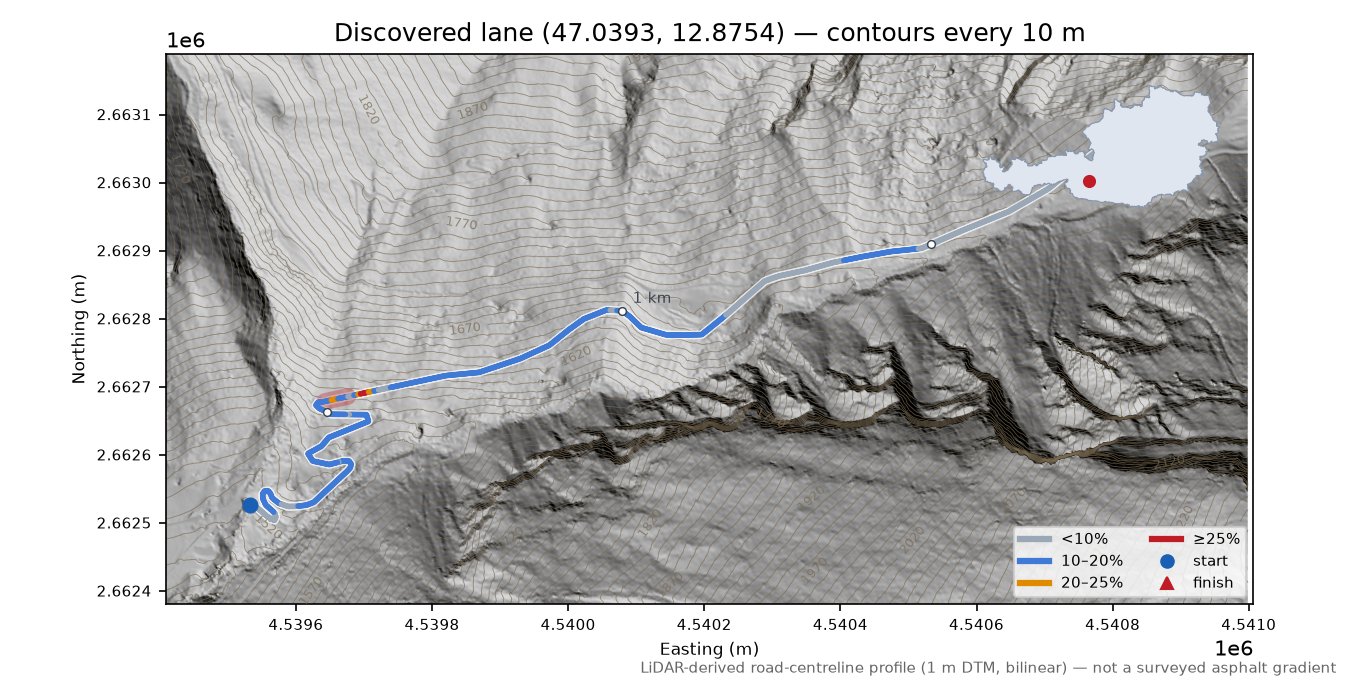 Discovered lane (47.0393, 12.8754) LiDAR hillshade map with contours
