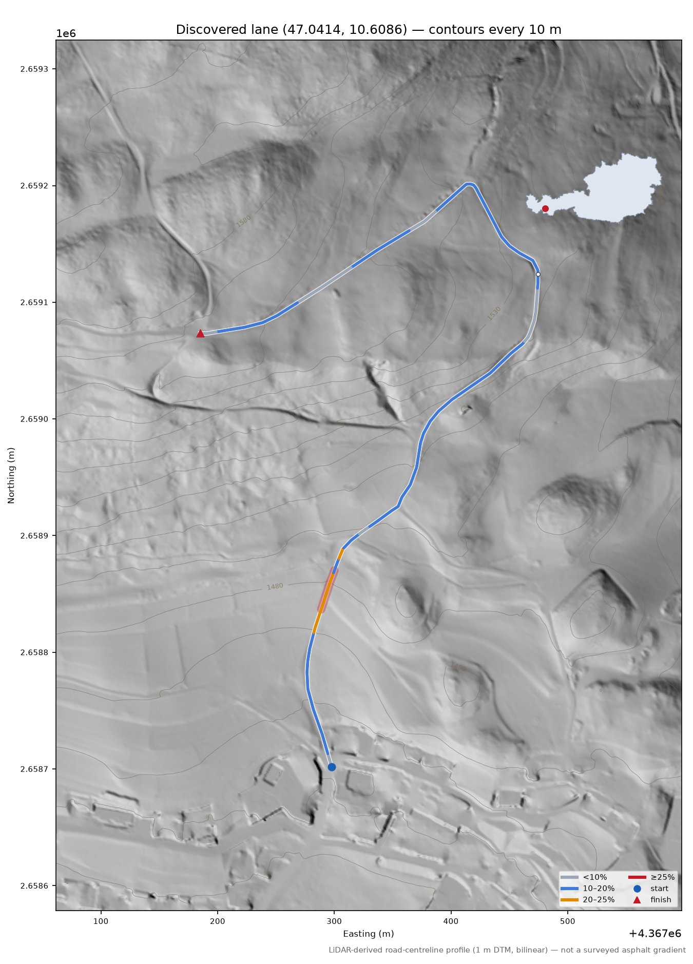 Discovered lane (47.0414, 10.6086) LiDAR hillshade map with contours