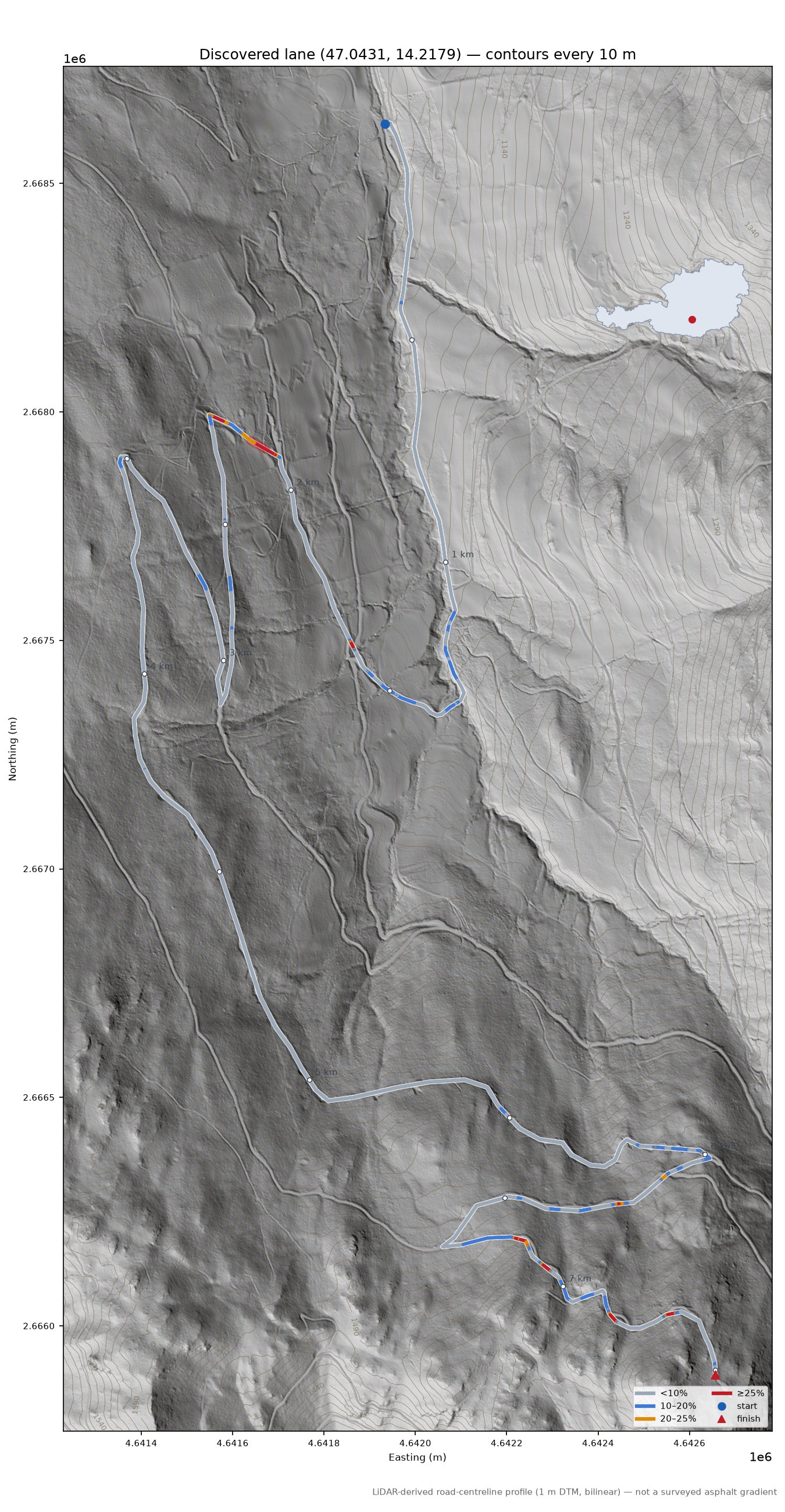 Discovered lane (47.0431, 14.2179) LiDAR hillshade map with contours