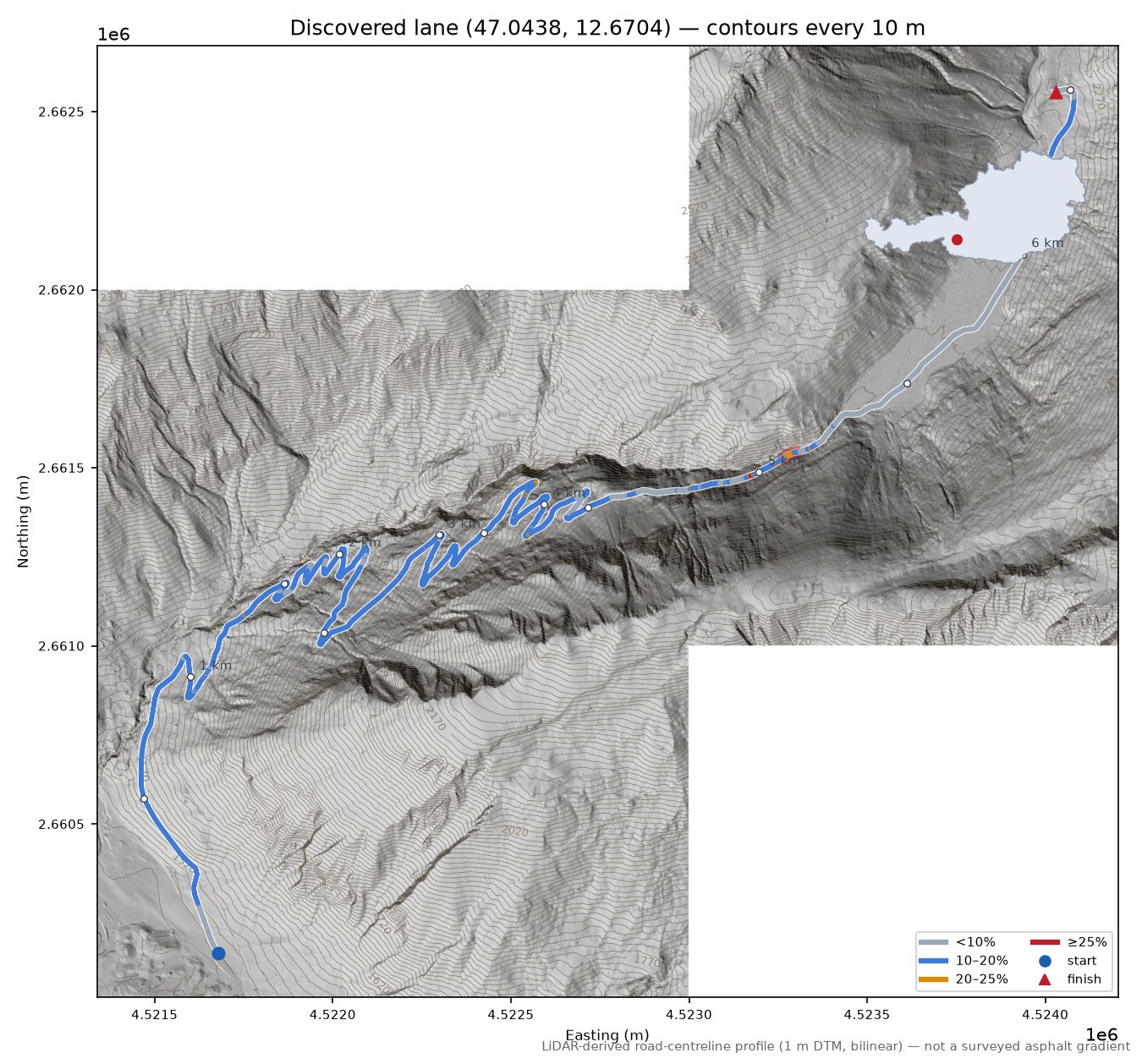 Discovered lane (47.0438, 12.6704) LiDAR hillshade map with contours