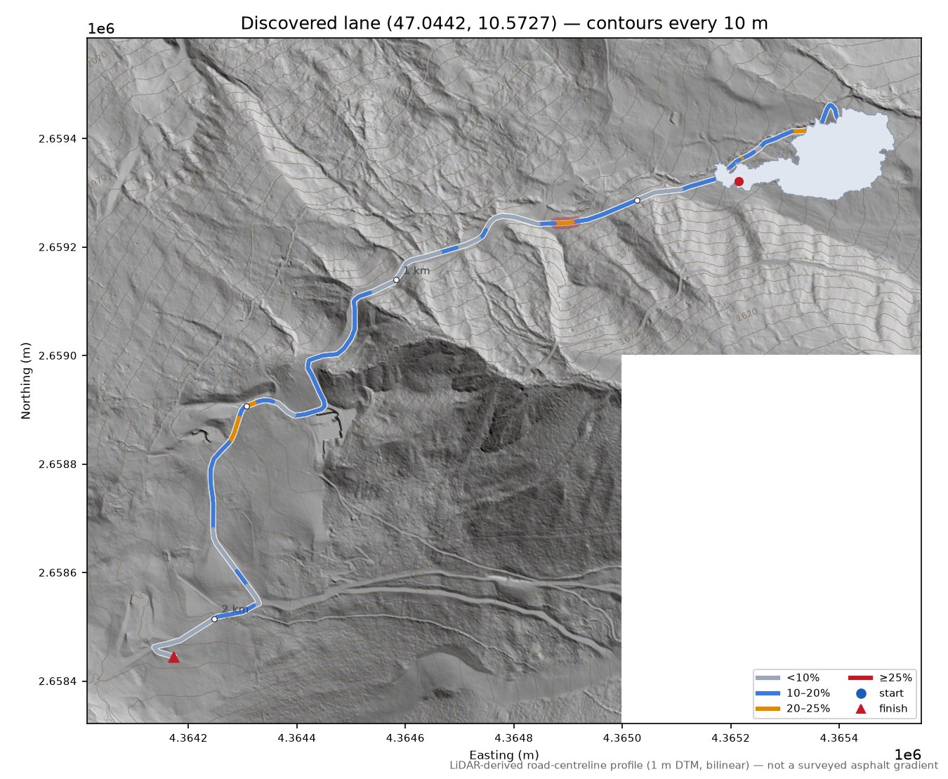 Discovered lane (47.0442, 10.5727) LiDAR hillshade map with contours