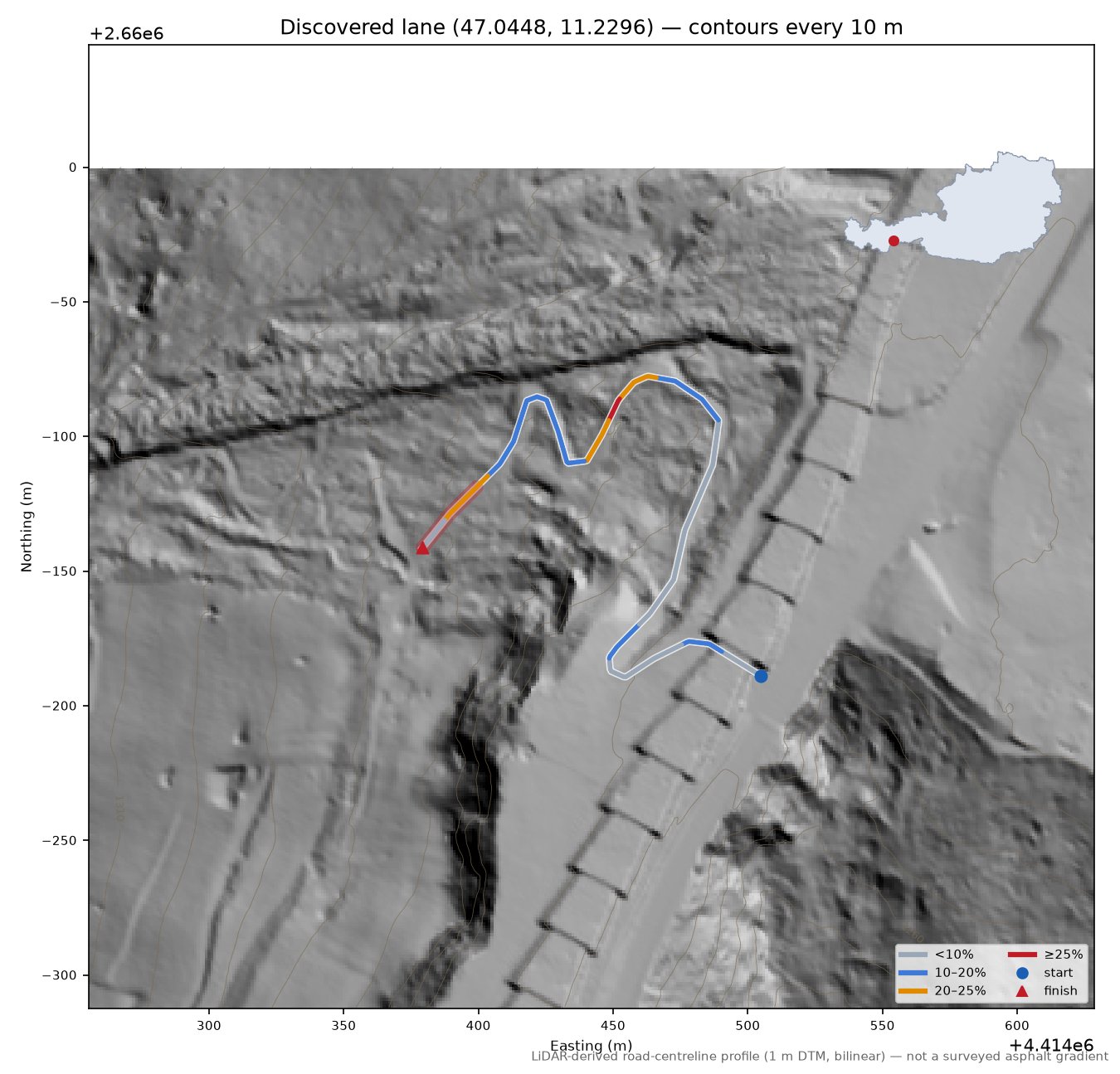 Discovered lane (47.0448, 11.2296) LiDAR hillshade map with contours