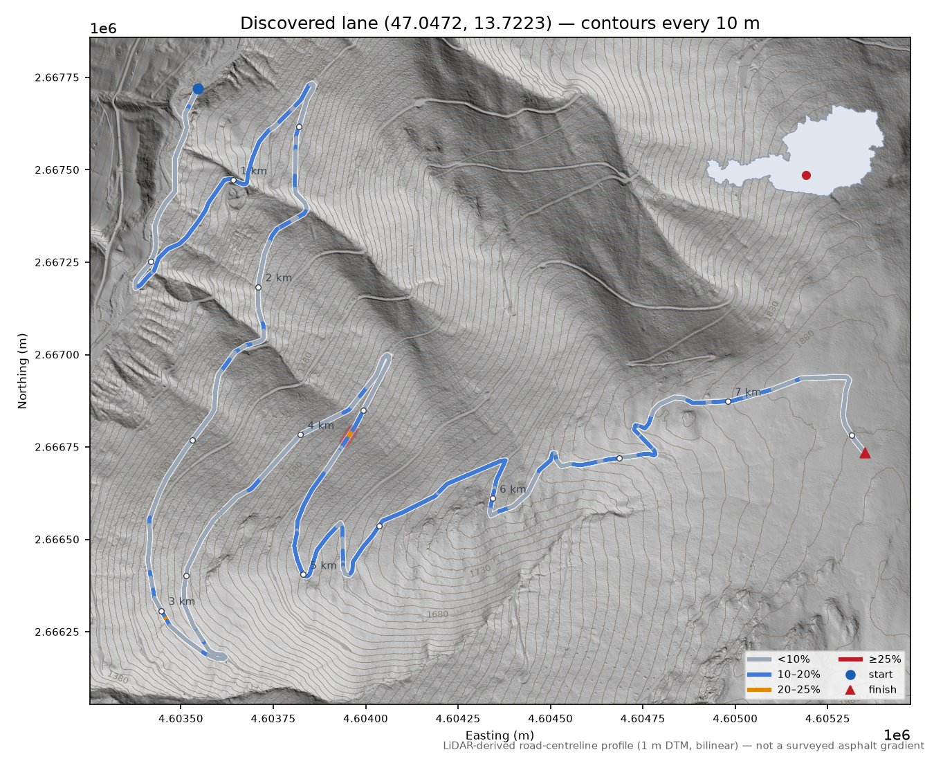 Discovered lane (47.0472, 13.7223) LiDAR hillshade map with contours
