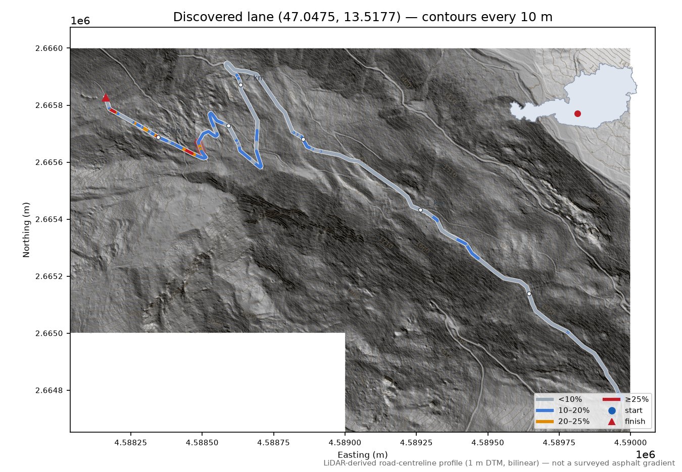 Discovered lane (47.0475, 13.5177) LiDAR hillshade map with contours