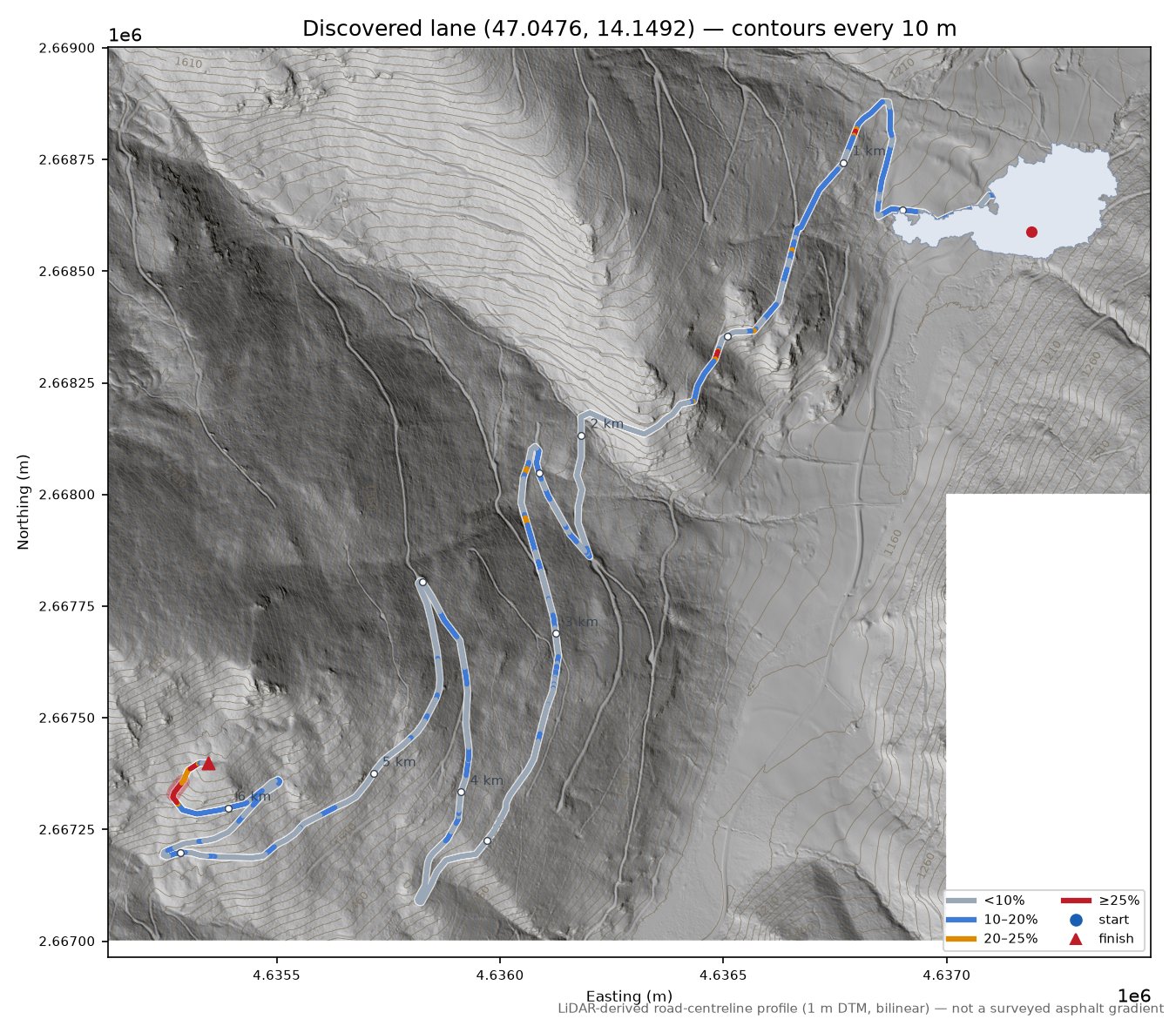 Discovered lane (47.0476, 14.1492) LiDAR hillshade map with contours
