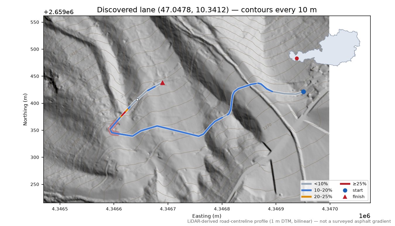 Discovered lane (47.0478, 10.3412) LiDAR hillshade map with contours