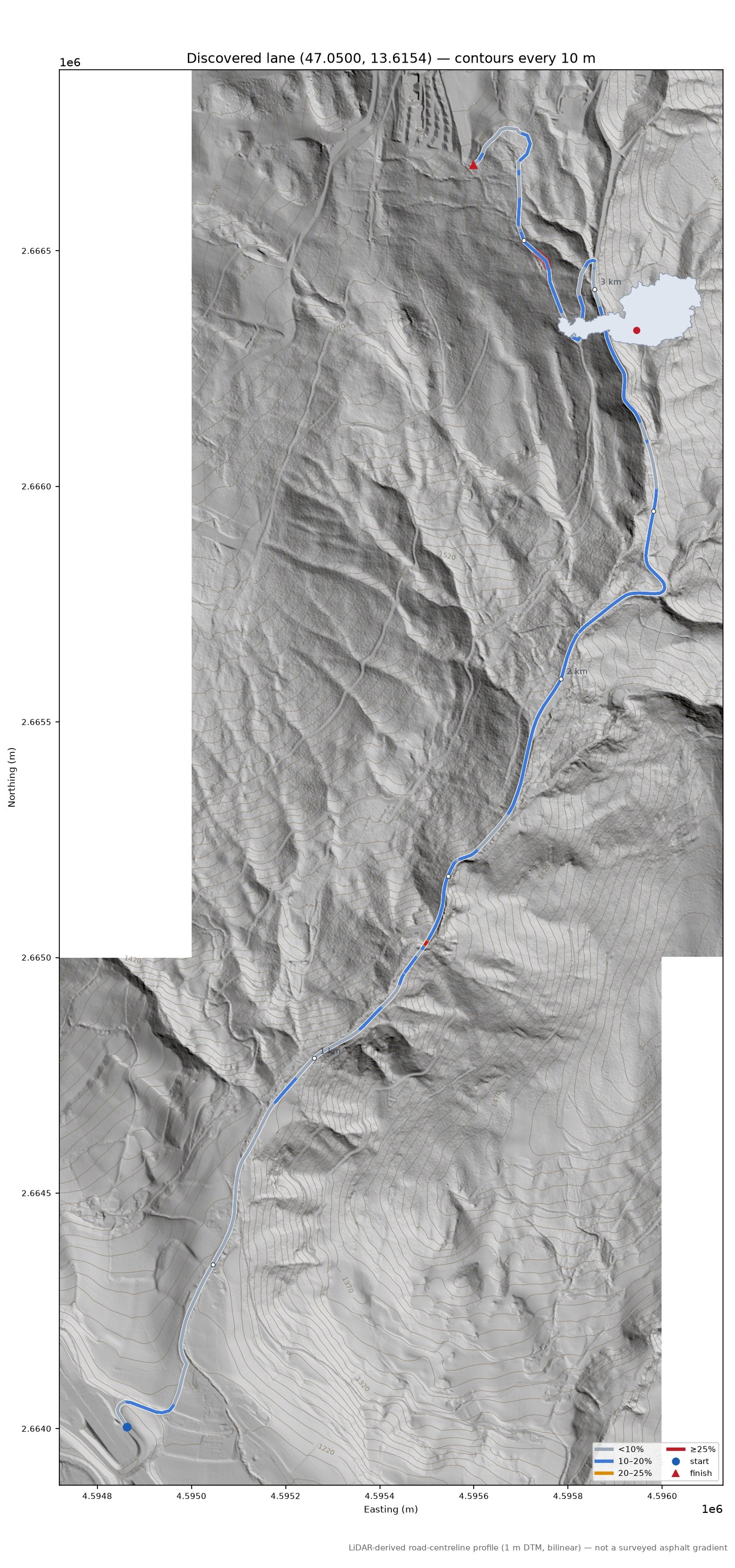 Discovered lane (47.0500, 13.6154) LiDAR hillshade map with contours