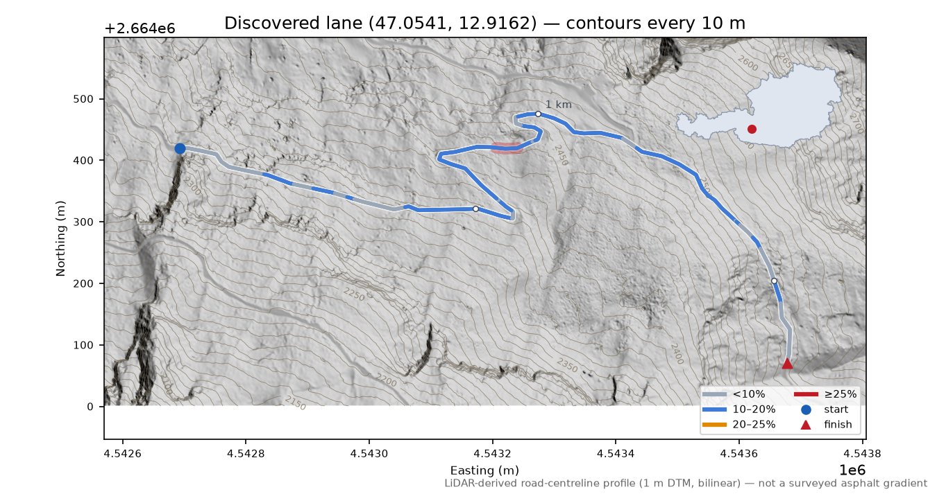 Discovered lane (47.0541, 12.9162) LiDAR hillshade map with contours