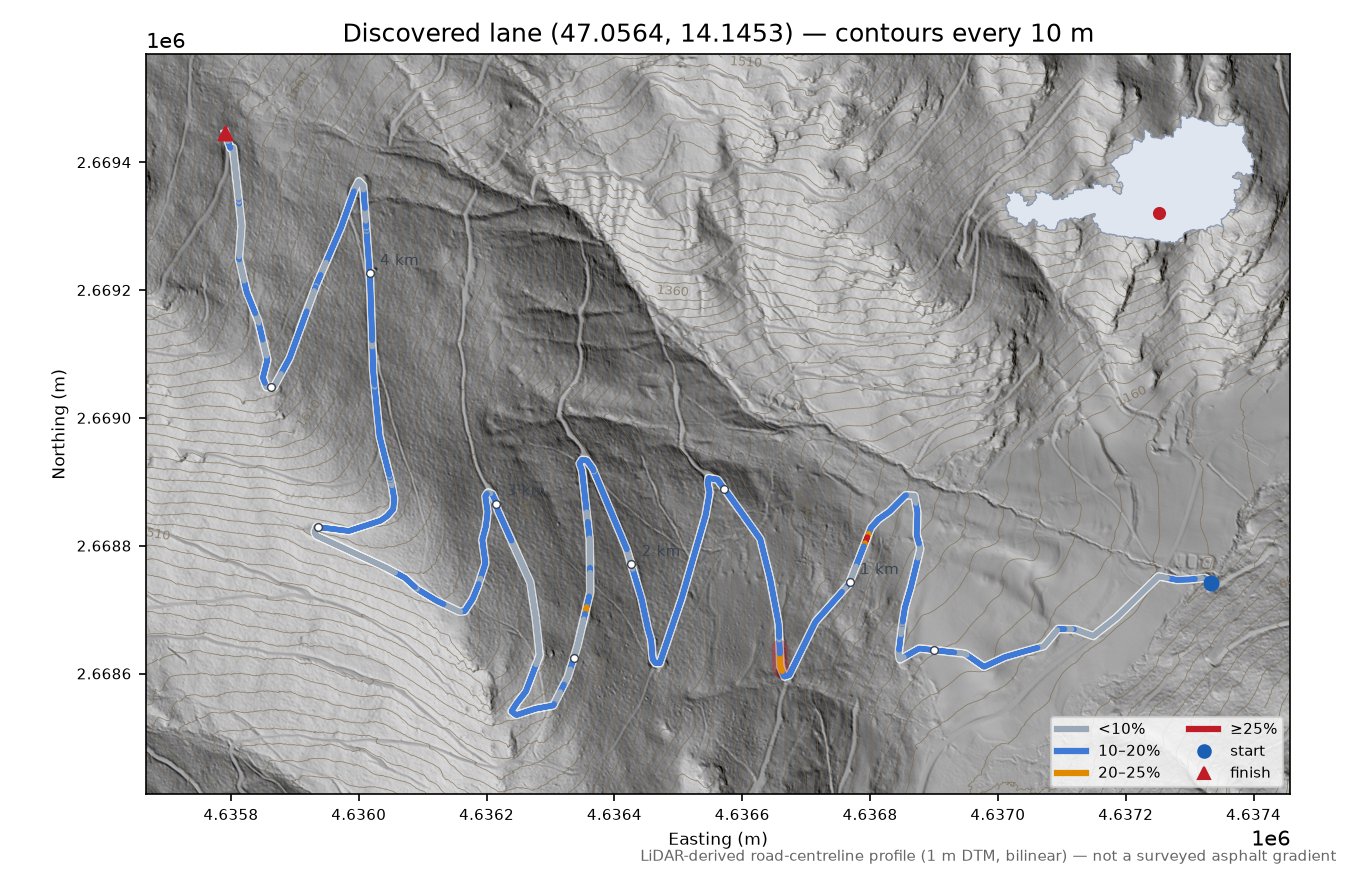 Discovered lane (47.0564, 14.1453) LiDAR hillshade map with contours