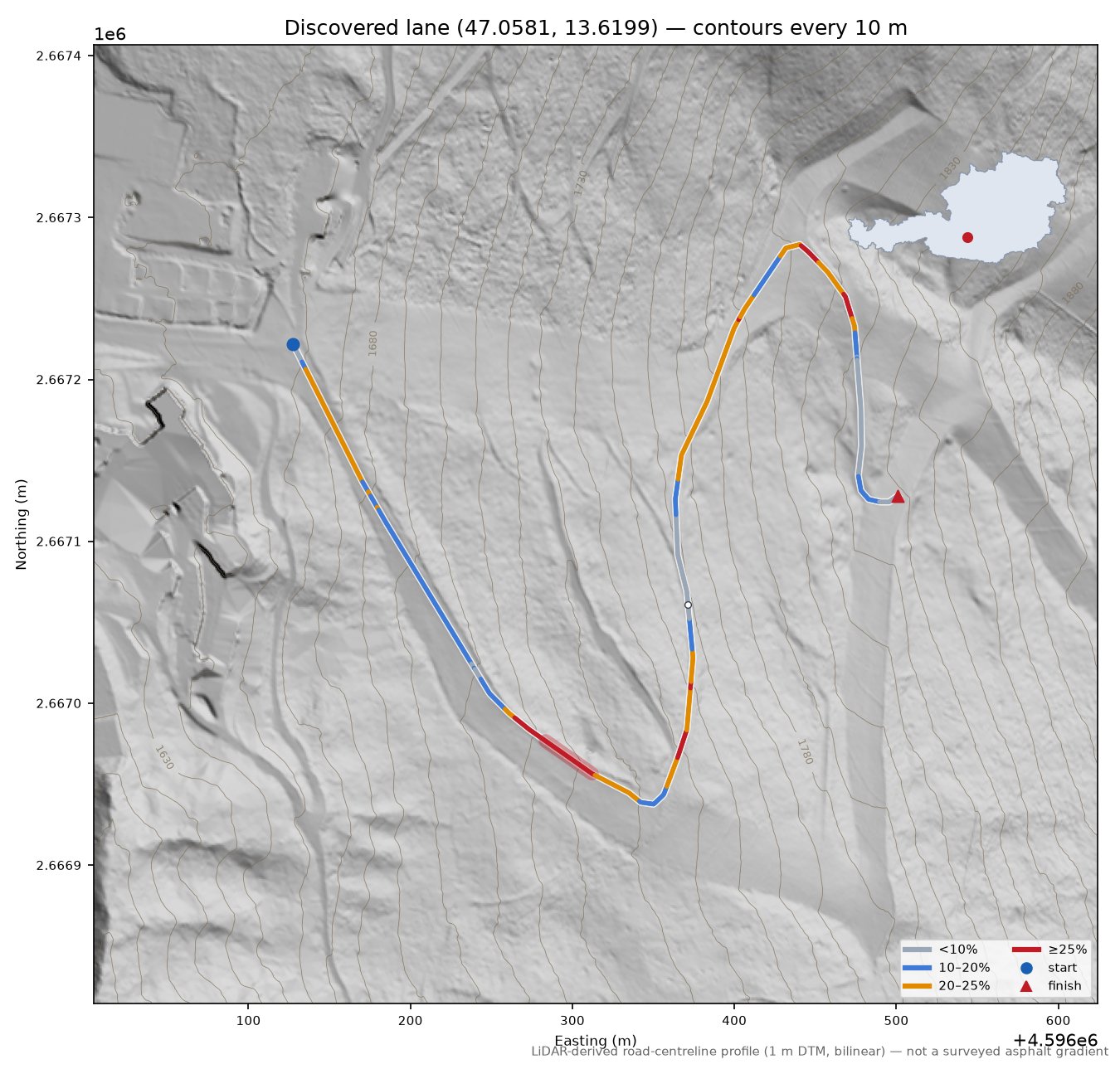 Discovered lane (47.0581, 13.6199) LiDAR hillshade map with contours