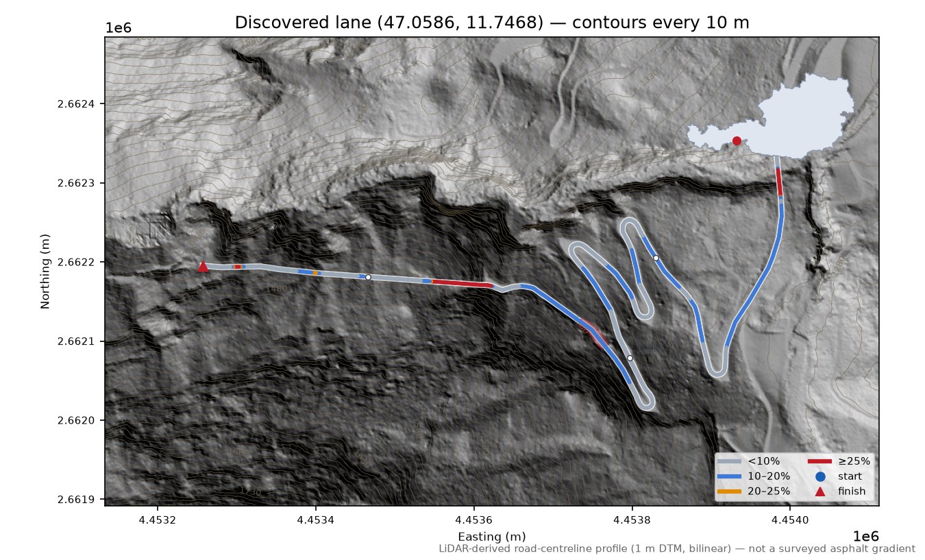 Discovered lane (47.0586, 11.7468) LiDAR hillshade map with contours