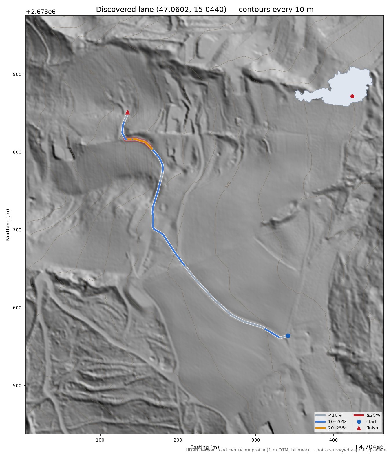 Discovered lane (47.0602, 15.0440) LiDAR hillshade map with contours