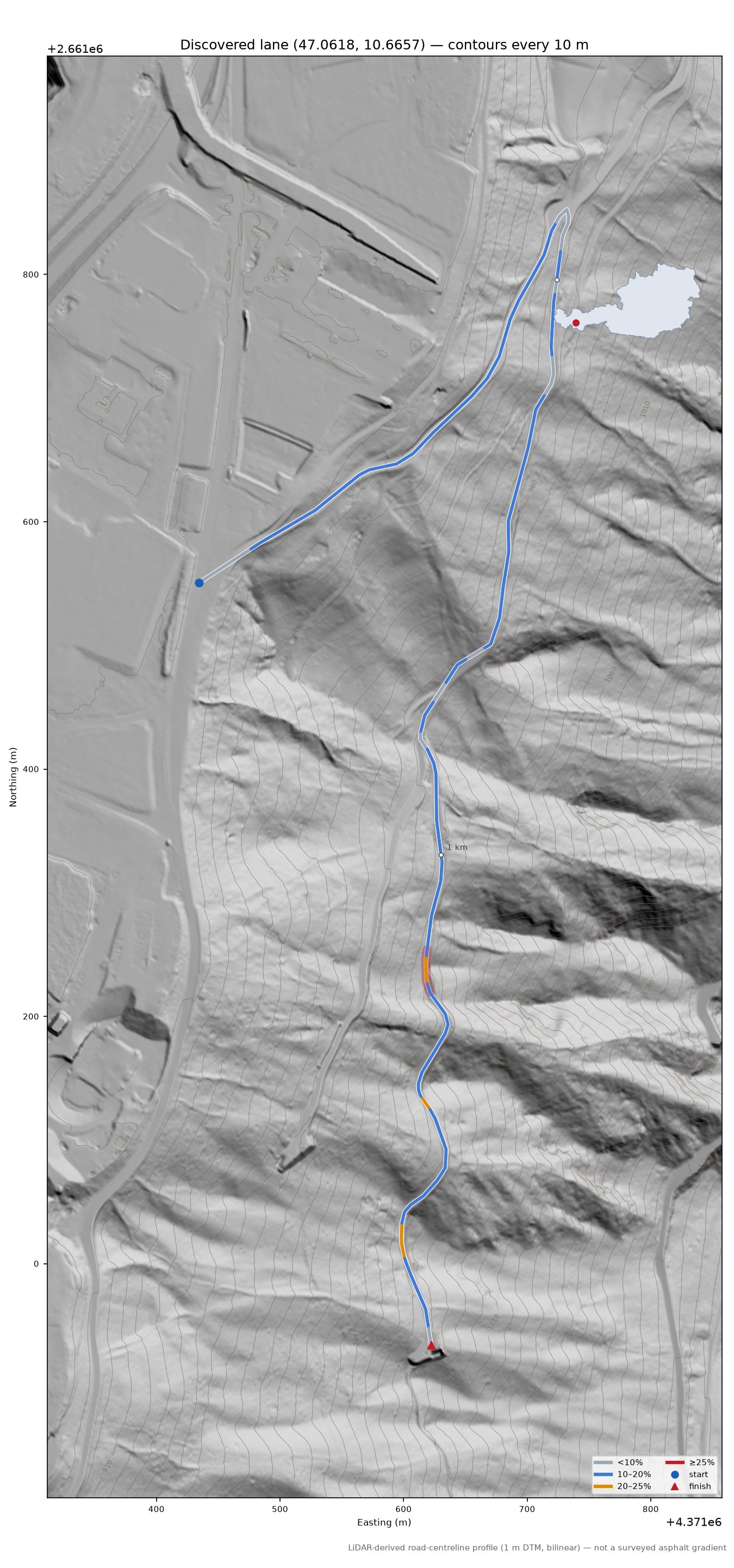 Discovered lane (47.0618, 10.6657) LiDAR hillshade map with contours
