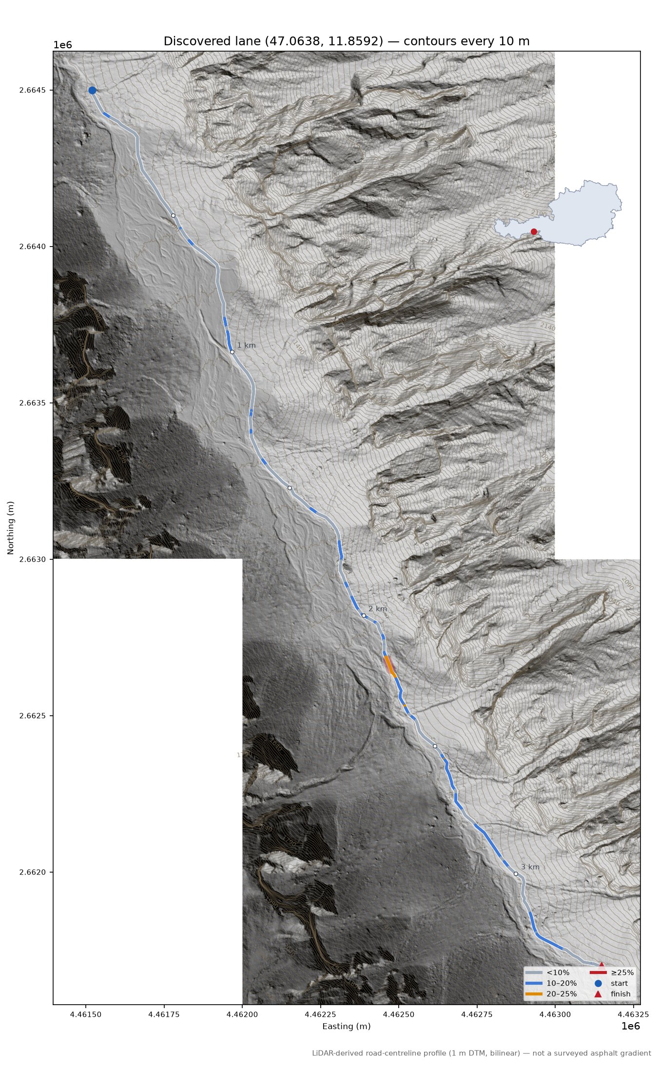 Discovered lane (47.0638, 11.8592) LiDAR hillshade map with contours
