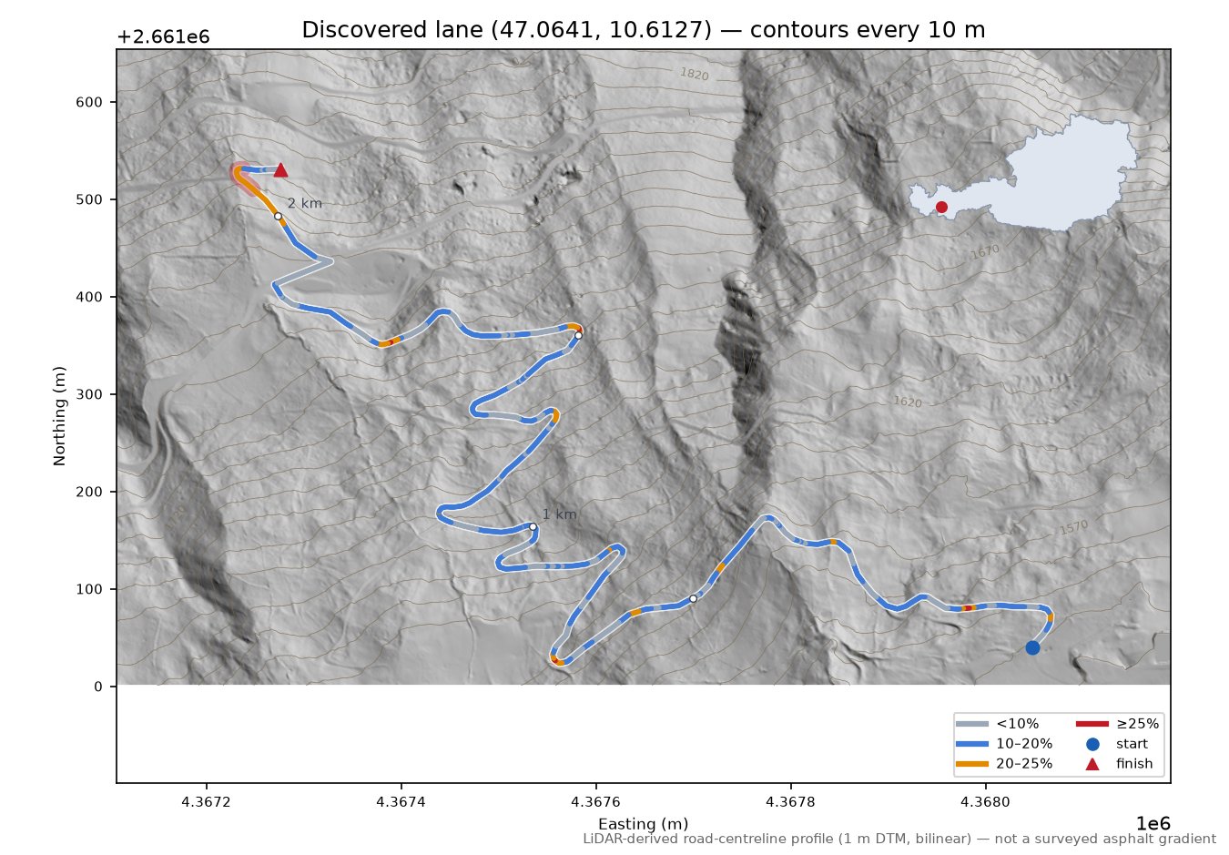 Discovered lane (47.0641, 10.6127) LiDAR hillshade map with contours