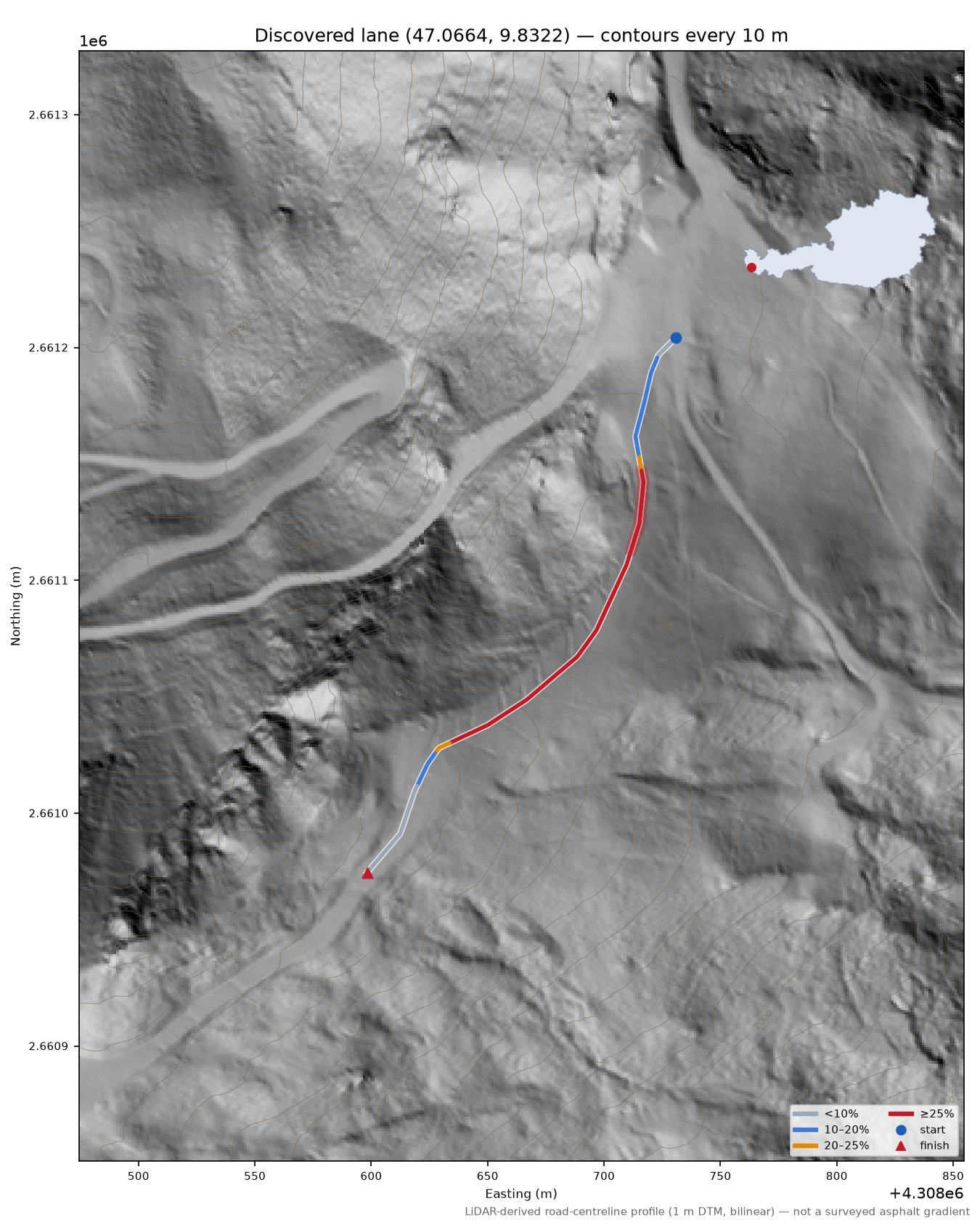 Discovered lane (47.0664, 9.8322) LiDAR hillshade map with contours