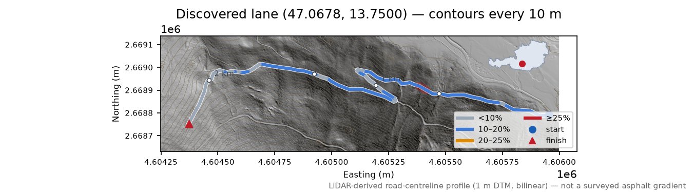 Discovered lane (47.0678, 13.7500) LiDAR hillshade map with contours