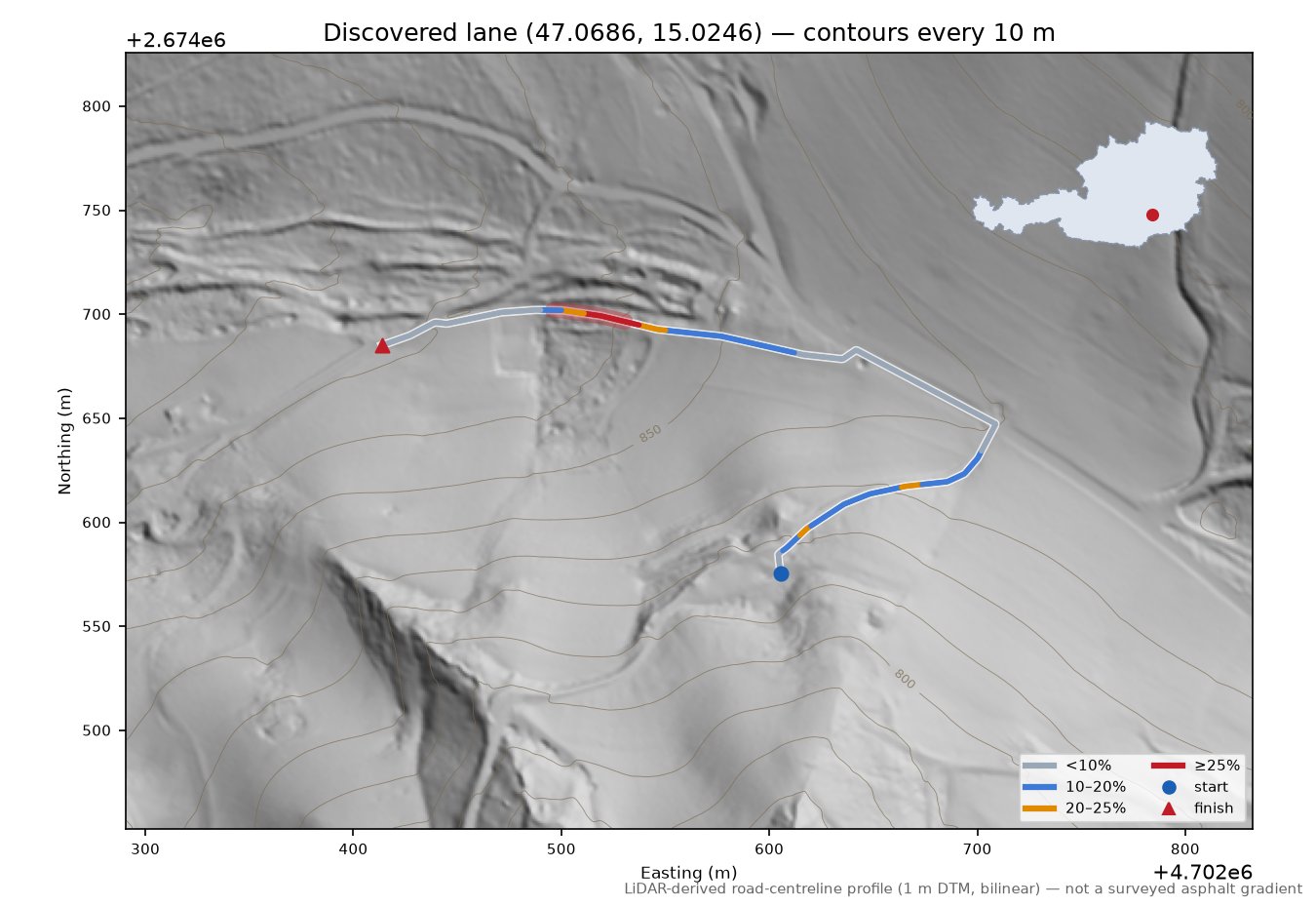 Discovered lane (47.0686, 15.0246) LiDAR hillshade map with contours