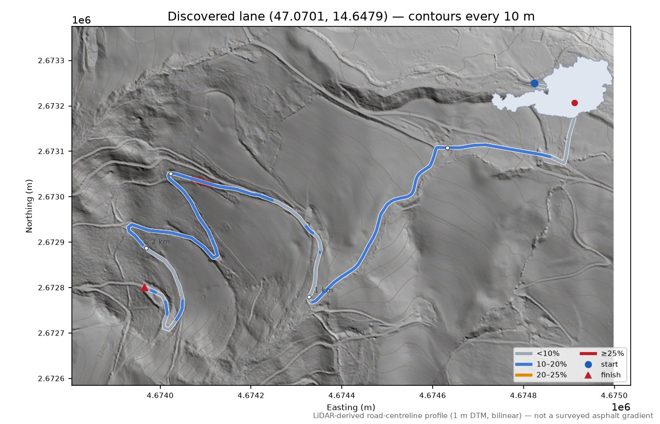Discovered lane (47.0701, 14.6479) LiDAR hillshade map with contours