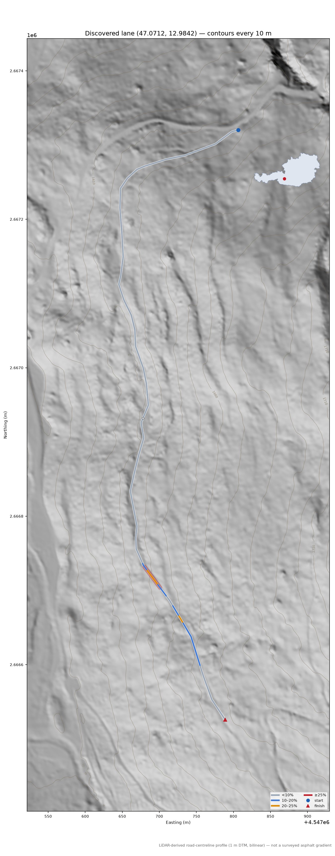 Discovered lane (47.0712, 12.9842) LiDAR hillshade map with contours