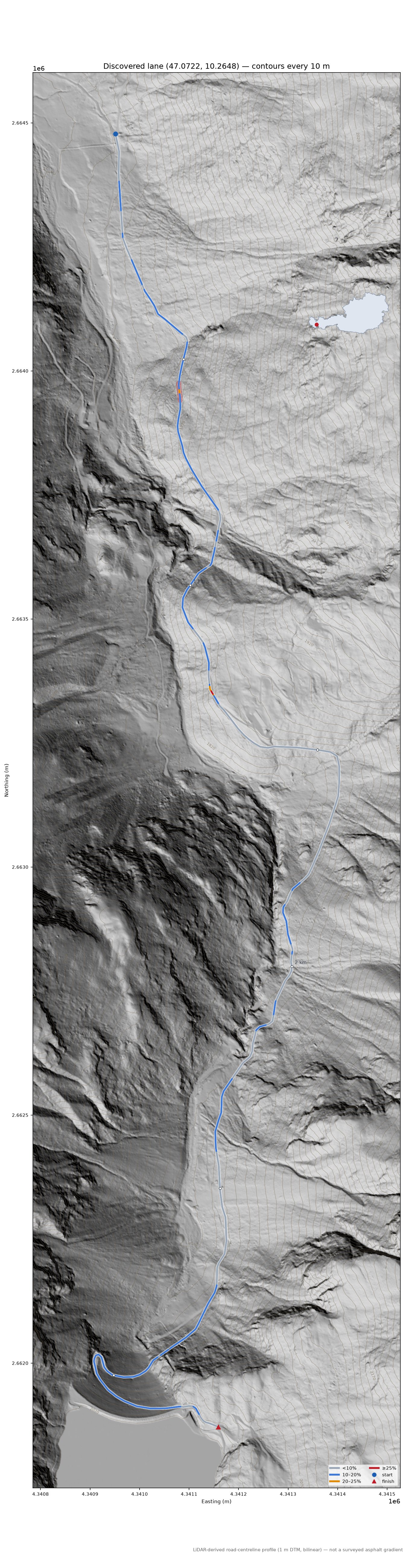 Discovered lane (47.0722, 10.2648) LiDAR hillshade map with contours
