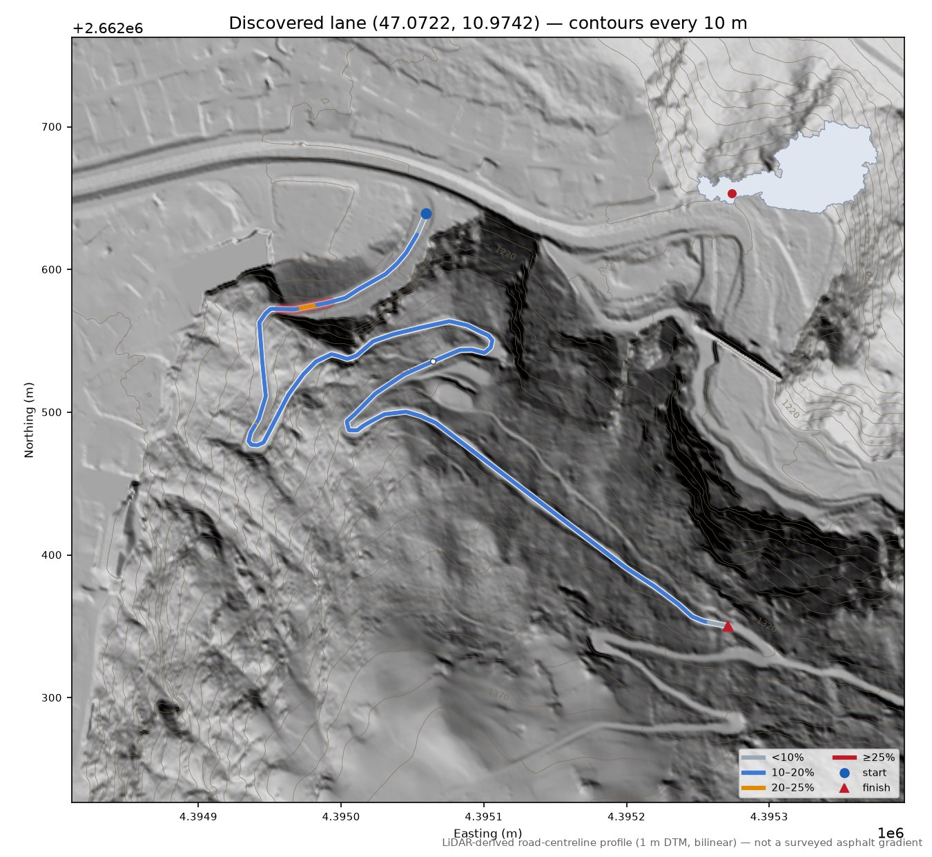 Discovered lane (47.0722, 10.9742) LiDAR hillshade map with contours