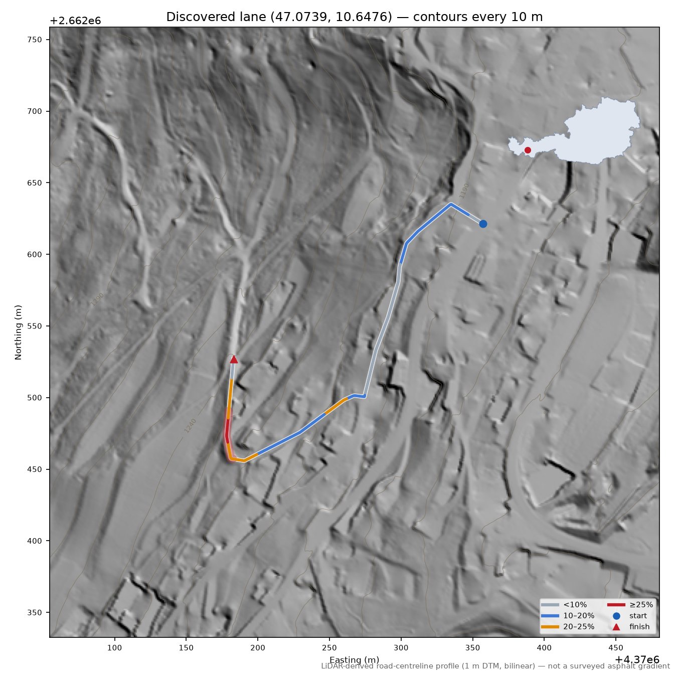 Discovered lane (47.0739, 10.6476) LiDAR hillshade map with contours