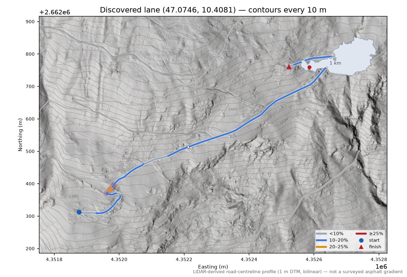 Discovered lane (47.0746, 10.4081) LiDAR hillshade map with contours