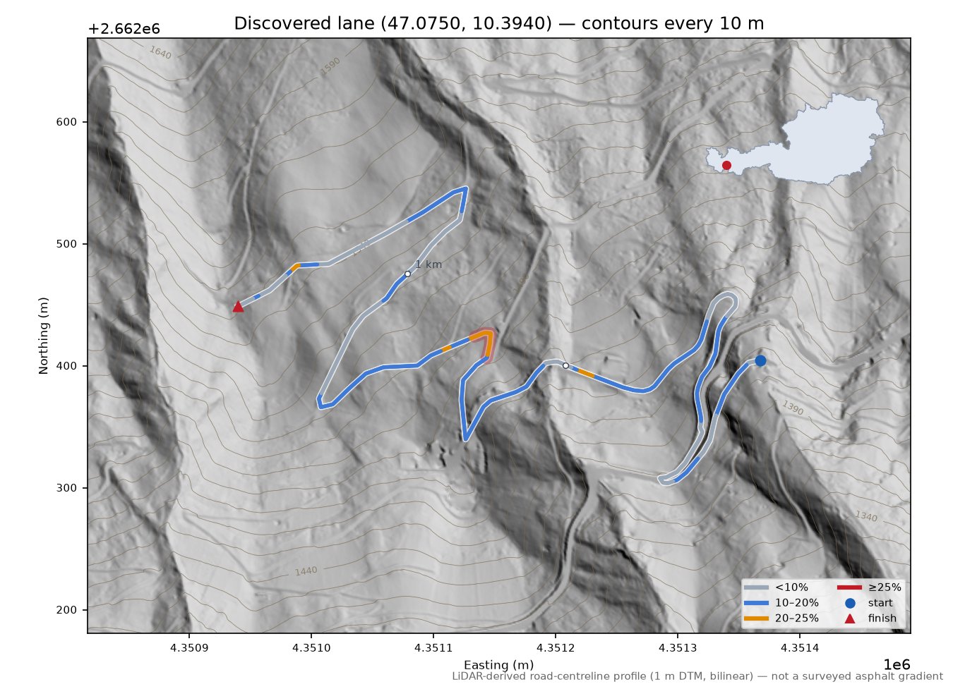 Discovered lane (47.0750, 10.3940) LiDAR hillshade map with contours